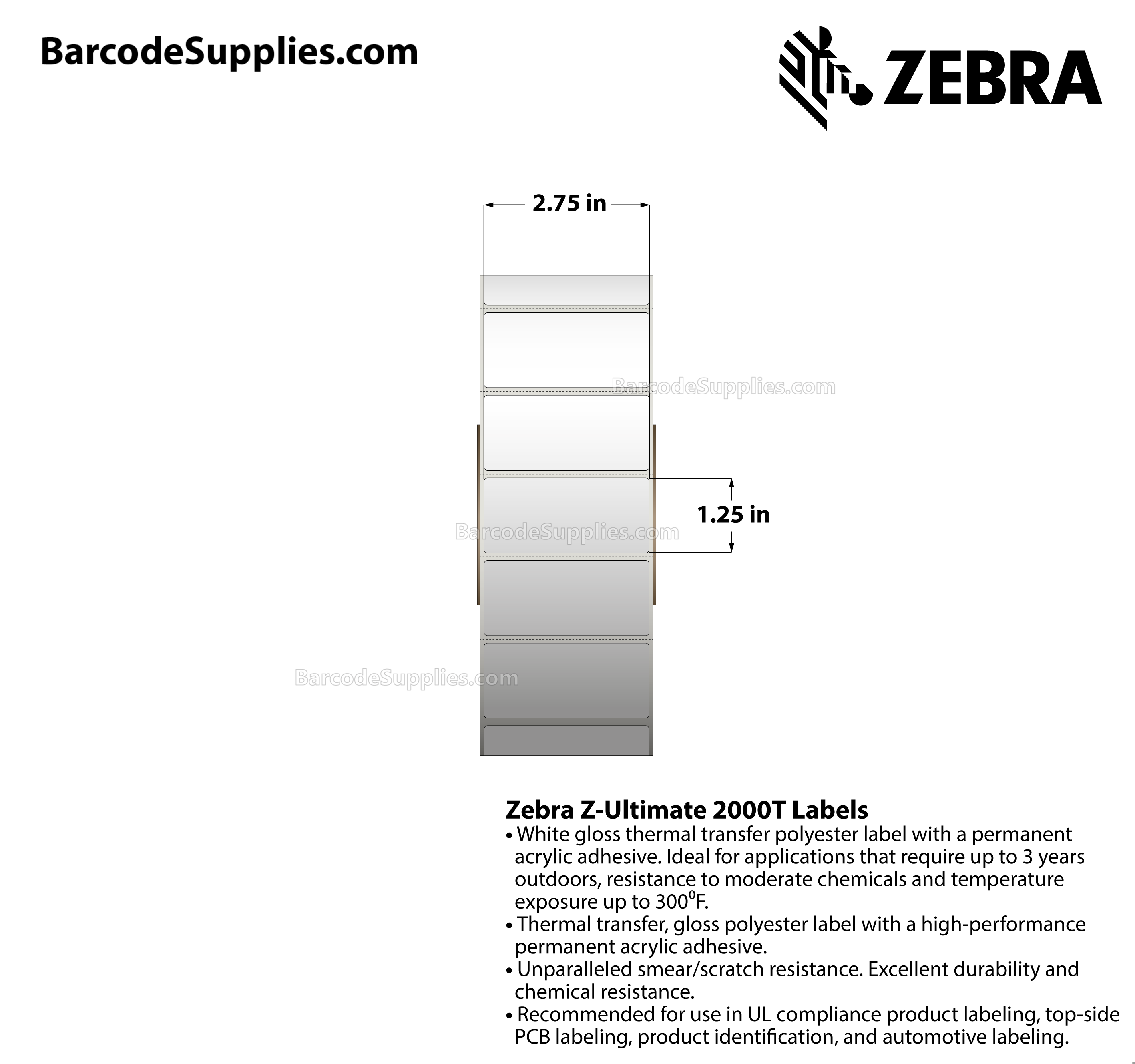 2.75 x 1.25 Thermal Transfer White Z-Ultimate 2000T Labels With Permanent Adhesive - Perforated - 4270 Labels Per Roll - Carton Of 4 Rolls - 17080 Labels Total - MPN: 10008513