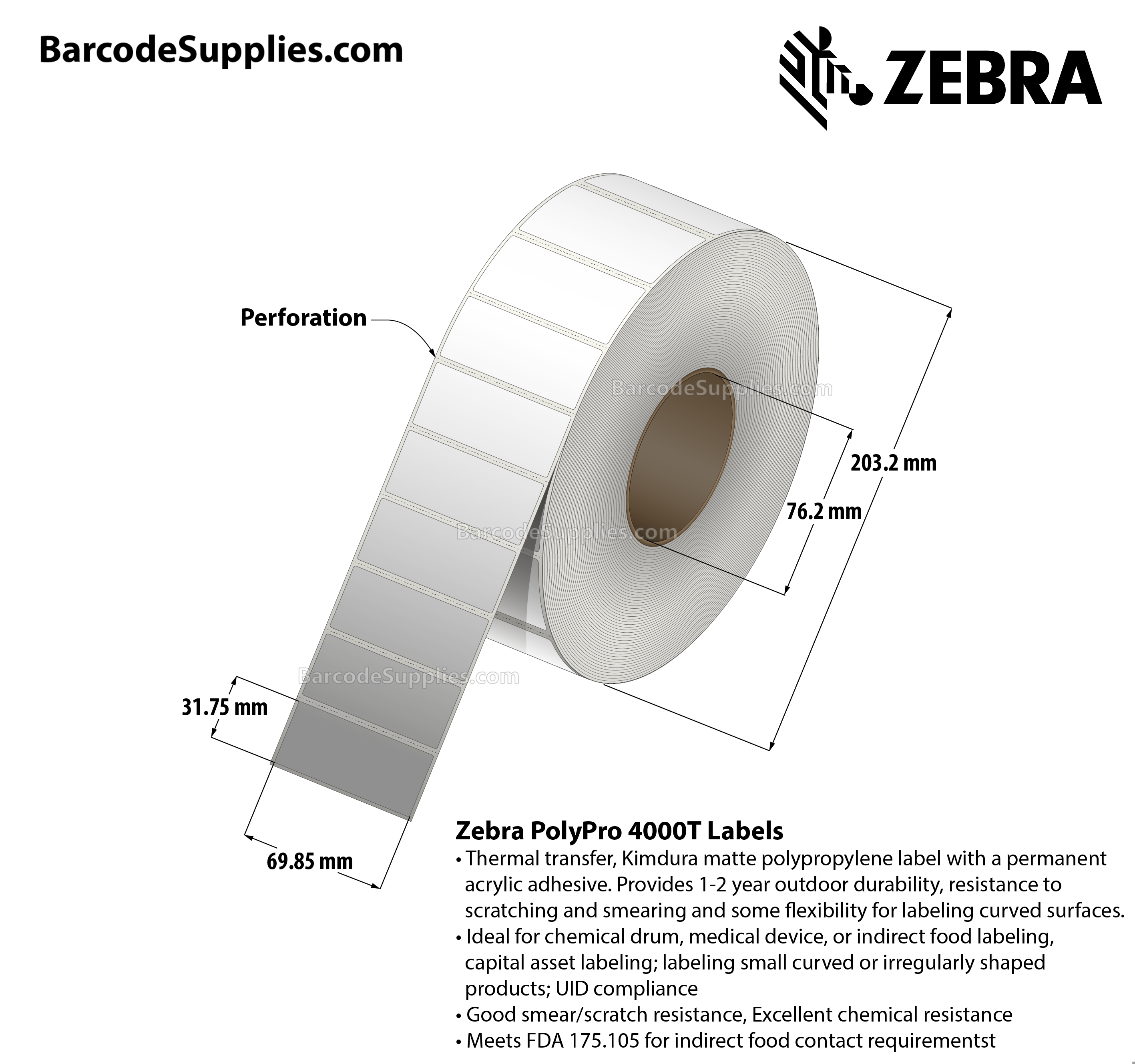 2.75 x 1.25 Thermal Transfer White PolyPro 4000T Labels With Permanent Adhesive - Perforated - 3210 Labels Per Roll - Carton Of 4 Rolls - 12840 Labels Total - MPN: 10014717