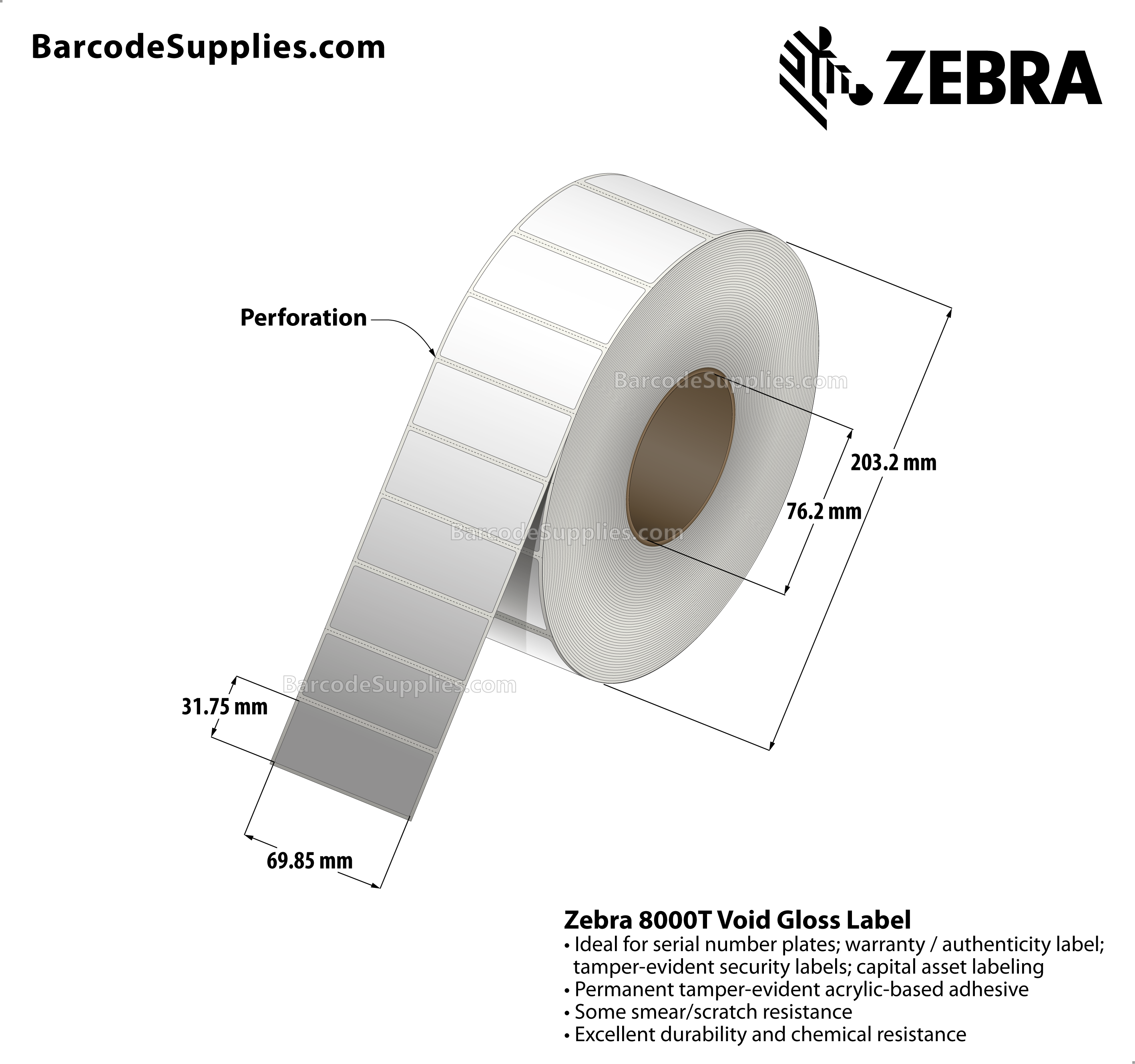 2.75 x 1.25 Thermal Transfer White 8000T Void Gloss Labels With Tamper-evident Adhesive - Perforated - 3000 Labels Per Roll - Carton Of 1 Rolls - 3000 Labels Total - MPN: 10023260