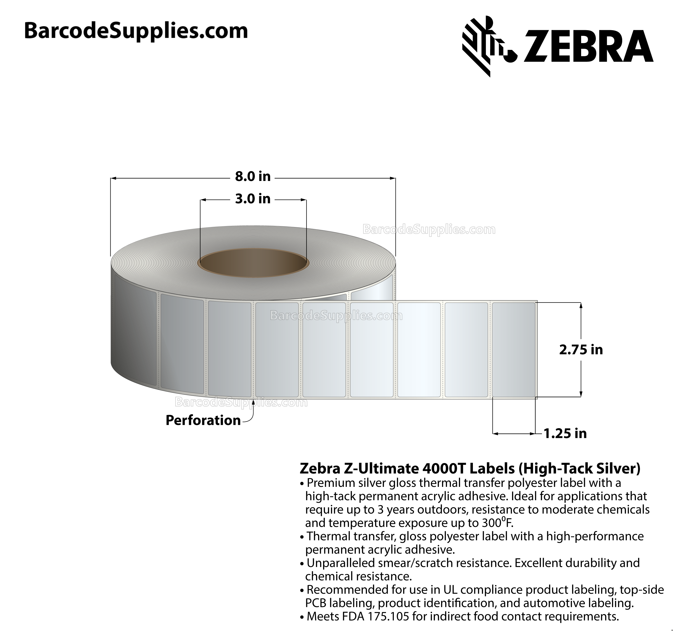2.75 x 1.25 Thermal Transfer Silver Z-Ultimate 4000T High-Tack Silver Labels With High-tack Adhesive - Perforated - 3000 Labels Per Roll - Carton Of 1 Rolls - 3000 Labels Total - MPN: 10023354