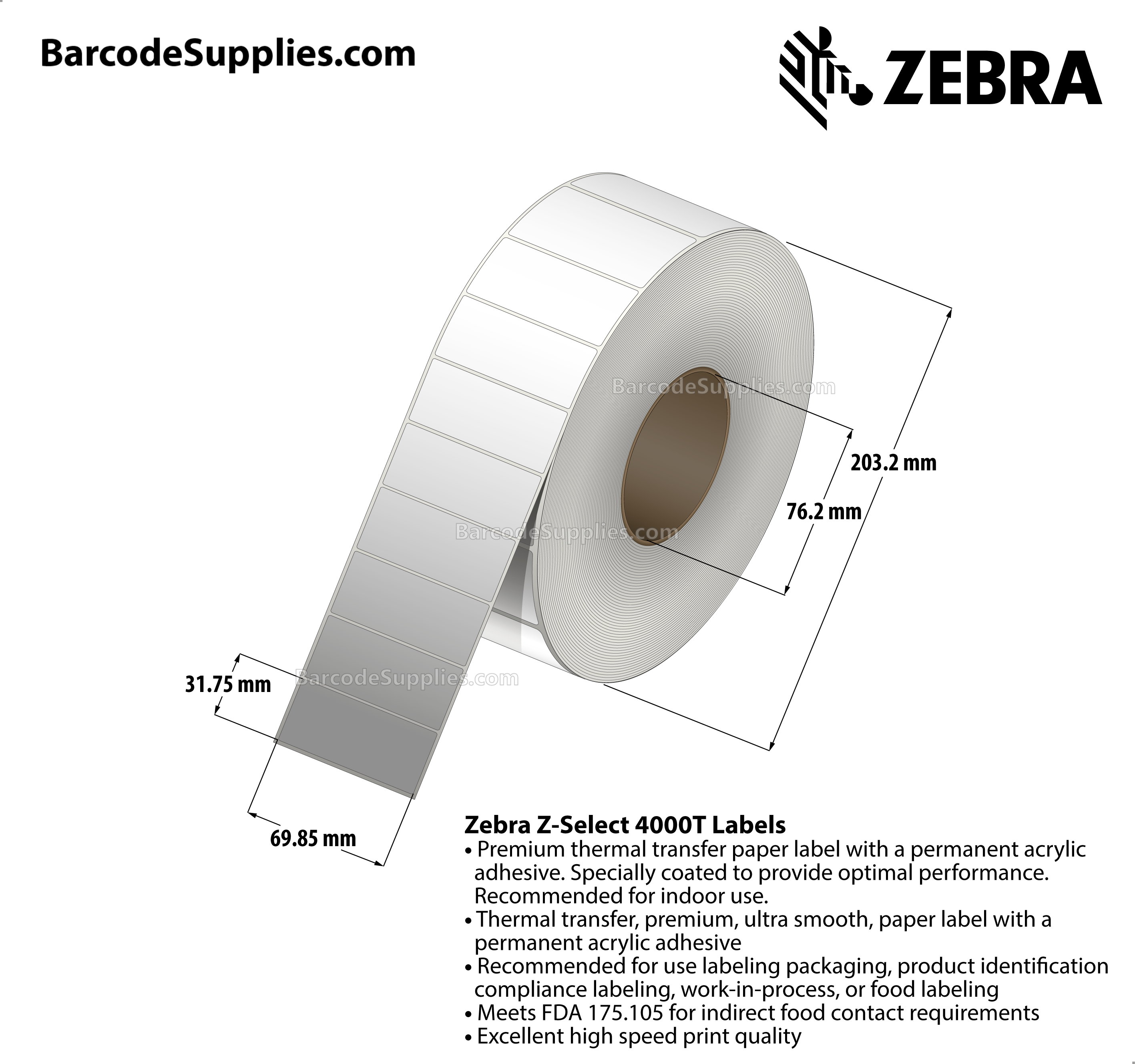 2.75 x 1.25 Thermal Transfer White Z-Select 4000T Labels With Permanent Adhesive - Not Perforated - 4240 Labels Per Roll - Carton Of 8 Rolls - 33920 Labels Total - MPN: 72282