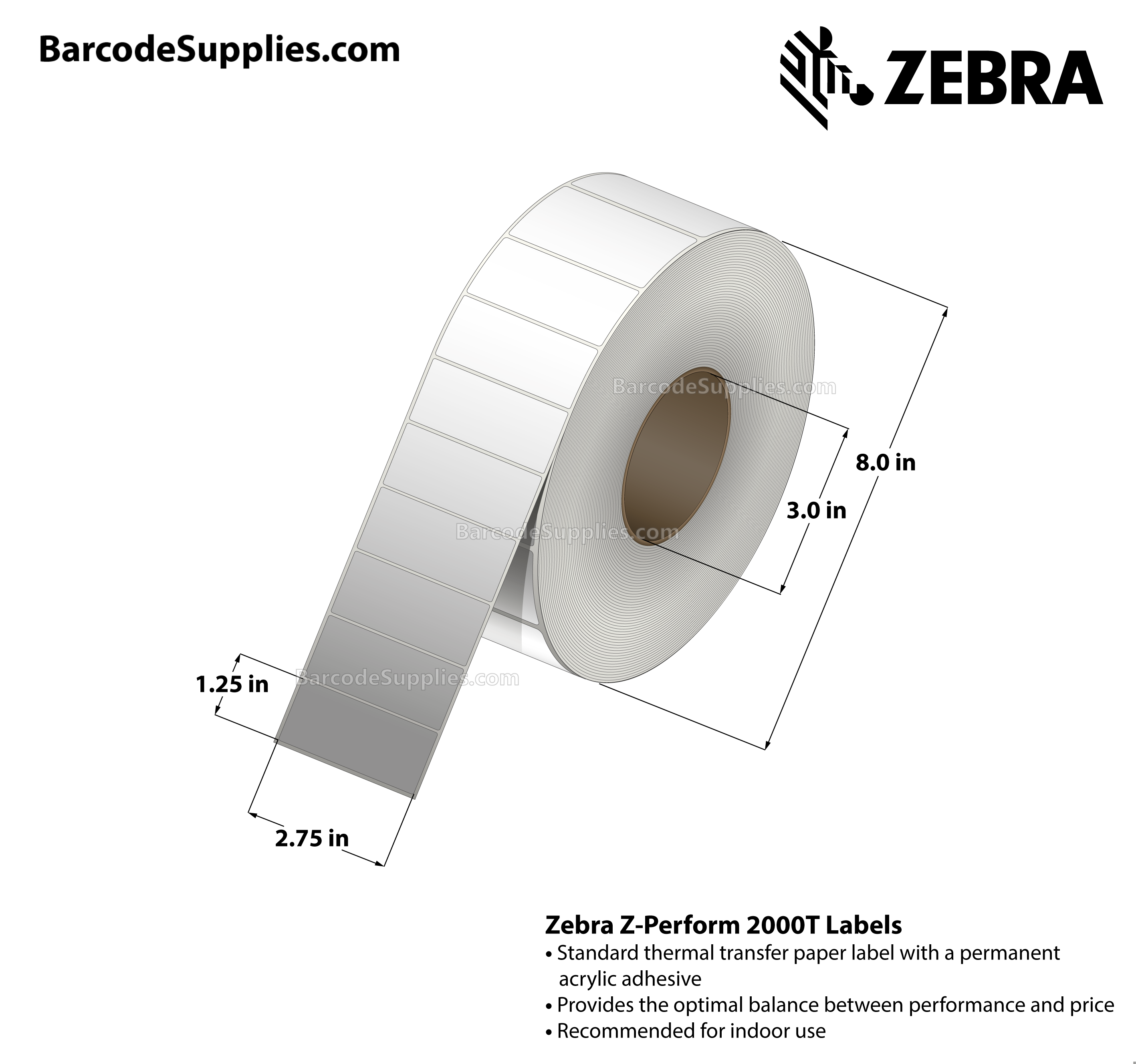 2.75 x 1.25 Thermal Transfer White Z-Perform 2000T All-Temp Labels With All-Temp Adhesive - Not Perforated - 4240 Labels Per Roll - Carton Of 8 Rolls - 33920 Labels Total - MPN: 72369