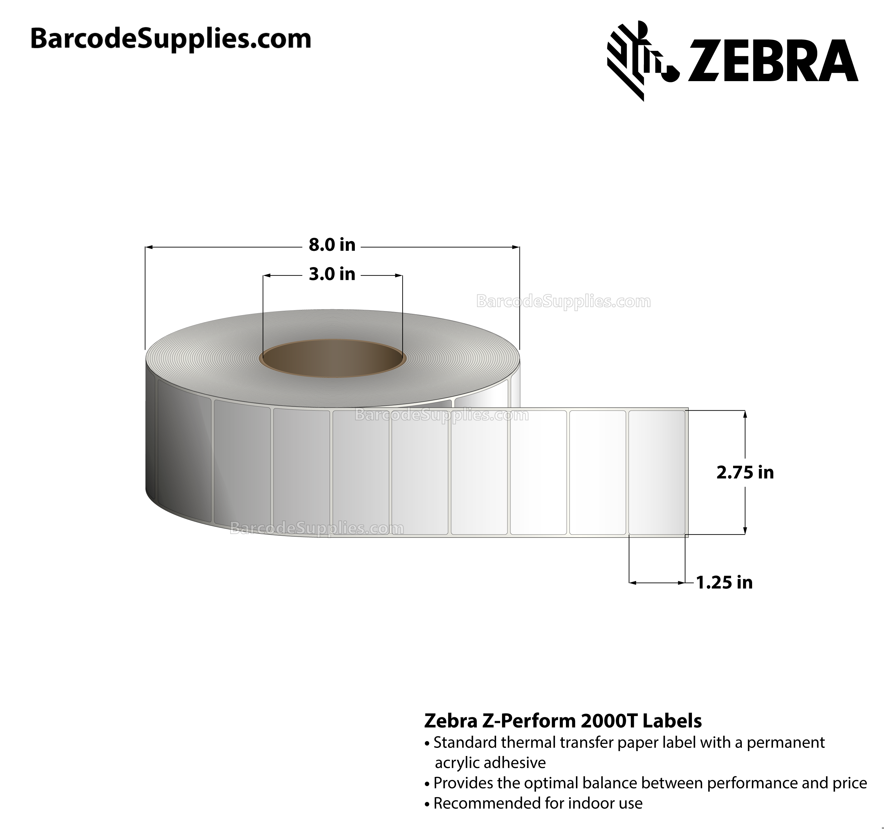 2.75 x 1.25 Thermal Transfer White Z-Perform 2000T All-Temp Labels With All-Temp Adhesive - Not Perforated - 4240 Labels Per Roll - Carton Of 8 Rolls - 33920 Labels Total - MPN: 72369