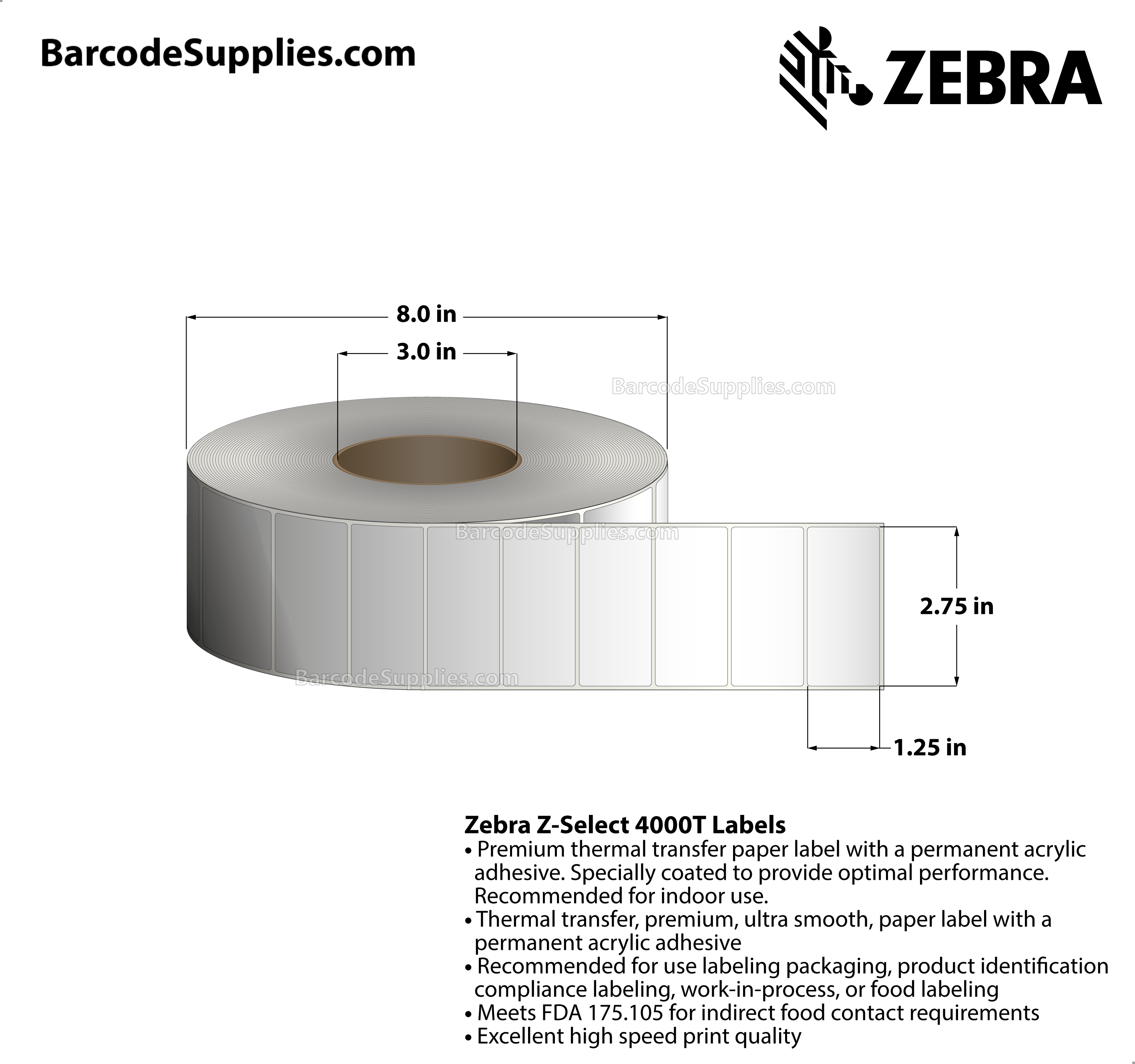 2.75 x 1.25 Thermal Transfer White Z-Select 4000T Labels With Permanent Adhesive - Not Perforated - 4240 Labels Per Roll - Carton Of 8 Rolls - 33920 Labels Total - MPN: 72282