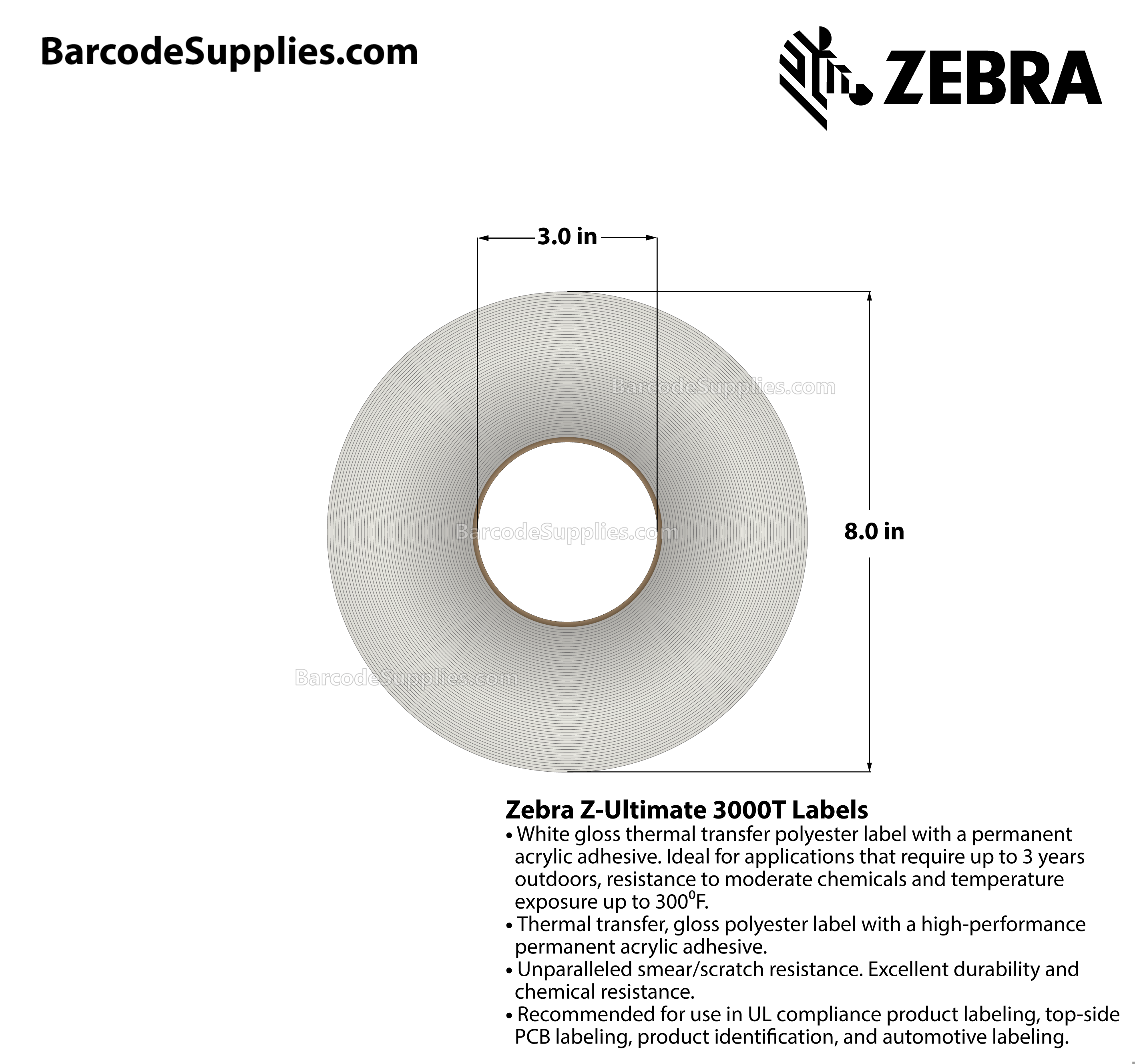 2.75 x 1.25 Thermal Transfer White Z-Ultimate 3000T Labels With Permanent Adhesive - Not Perforated - 4270 Labels Per Roll - Carton Of 4 Rolls - 17080 Labels Total - MPN: 10011701