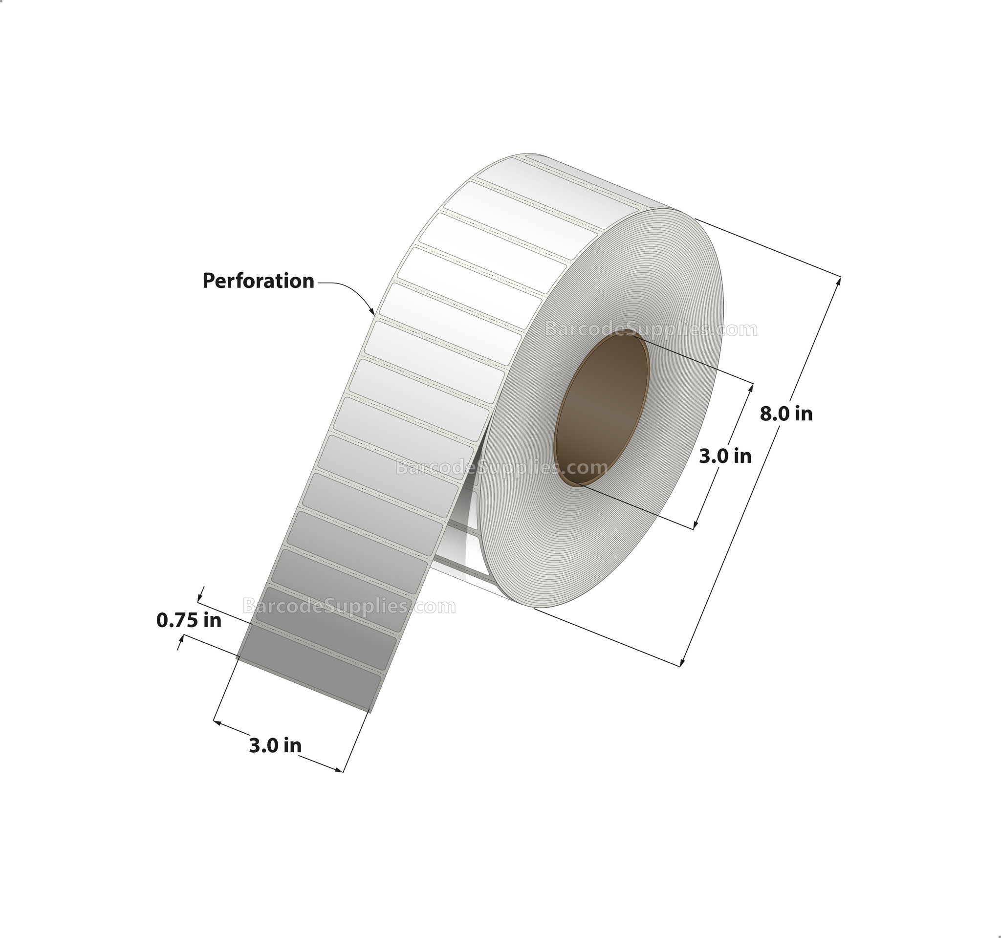 3 x 0.75 Thermal Transfer White Labels With Permanent Adhesive - Perforated - 7500 Labels Per Roll - Carton Of 8 Rolls - 60000 Labels Total - MPN: RT-3-075-7500-3