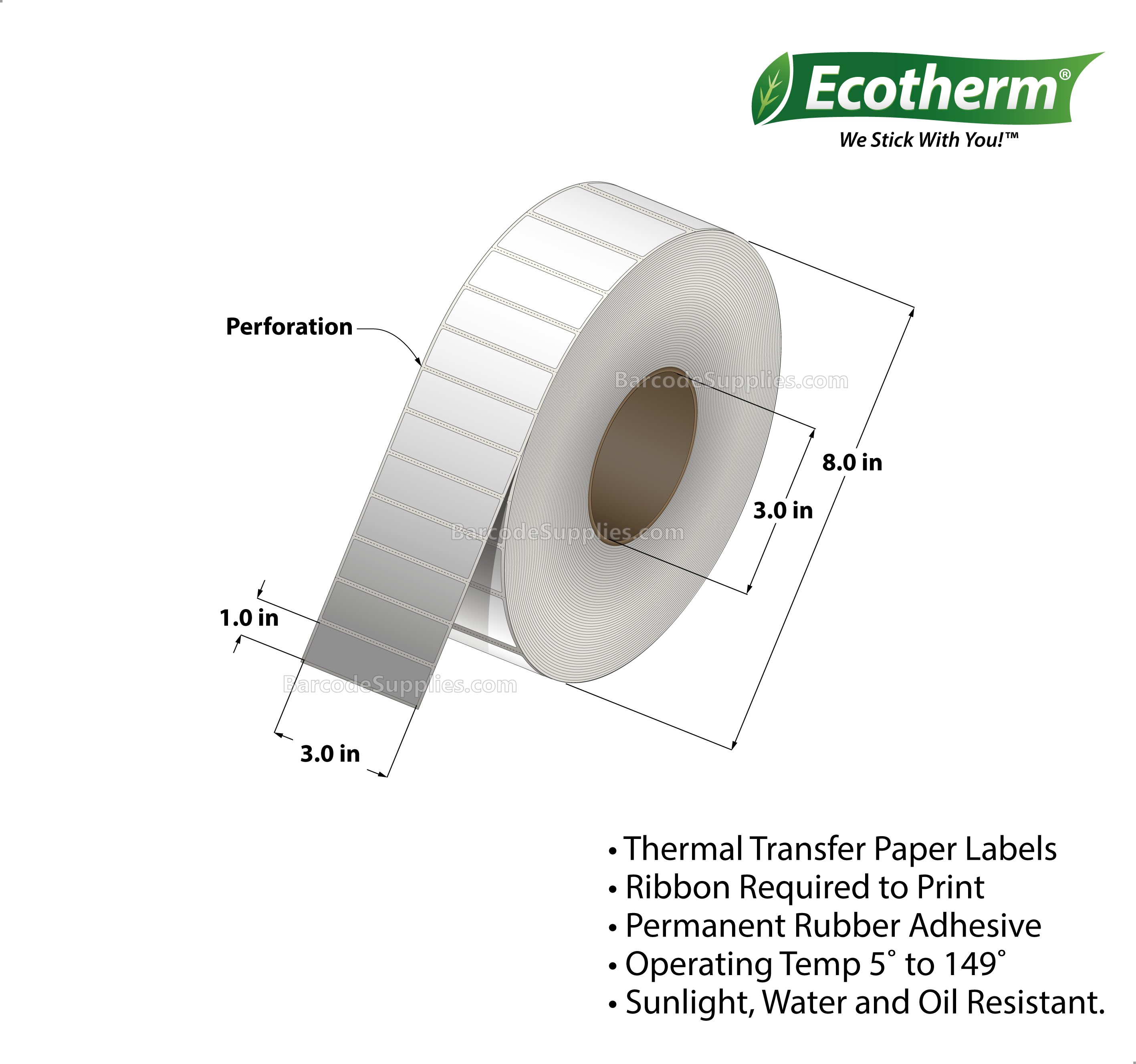 3 x 1 Thermal Transfer White Labels With Rubber Adhesive - Perforated - 5500 Labels Per Roll - Carton Of 4 Rolls - 22000 Labels Total - MPN: TT8300100-3P-4