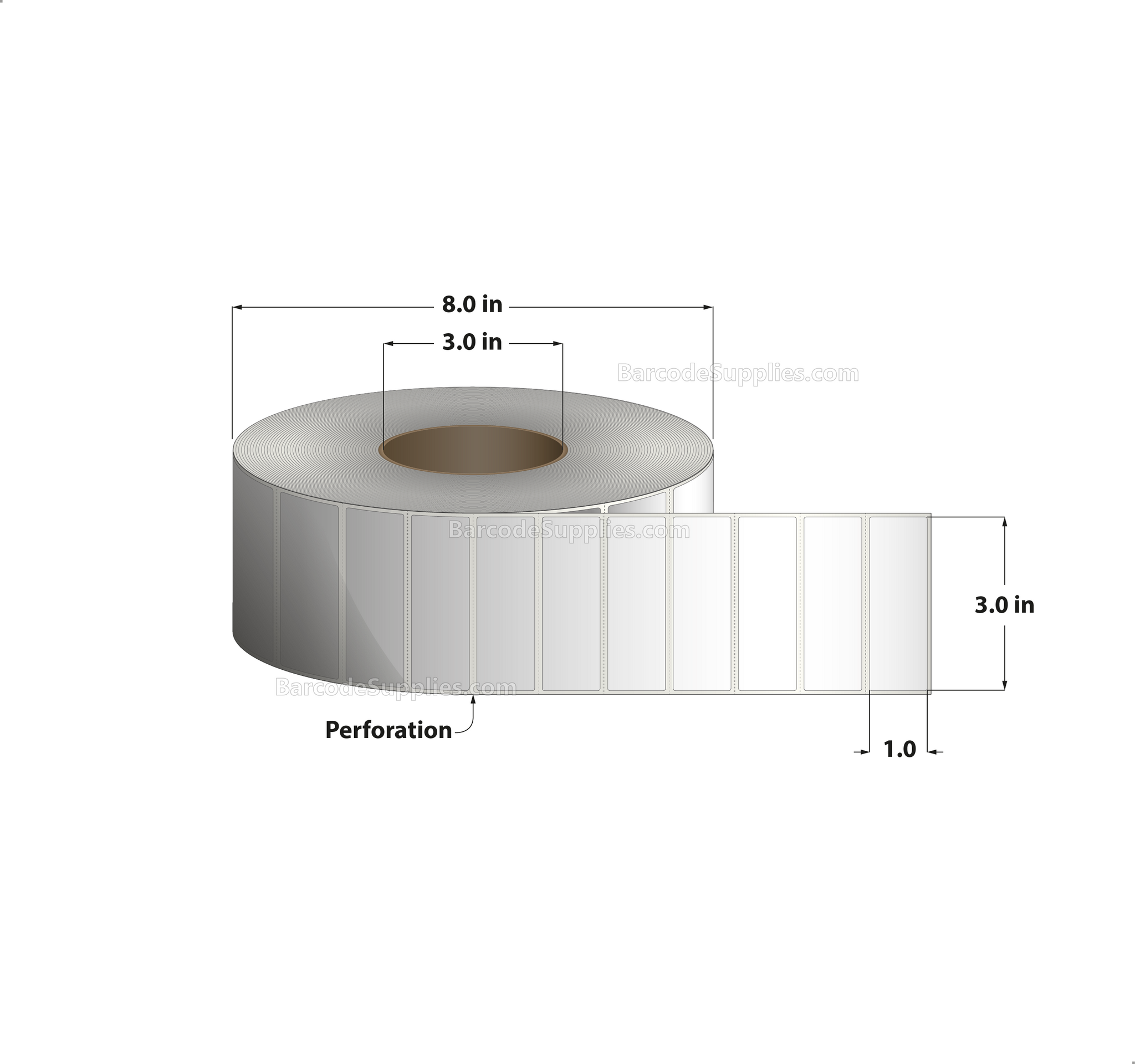 3 x 1 Direct Thermal White Labels With Acrylic Adhesive - Perforated - 5500 Labels Per Roll - Carton Of 8 Rolls - 44000 Labels Total - MPN: RDE-3-1-5500-3