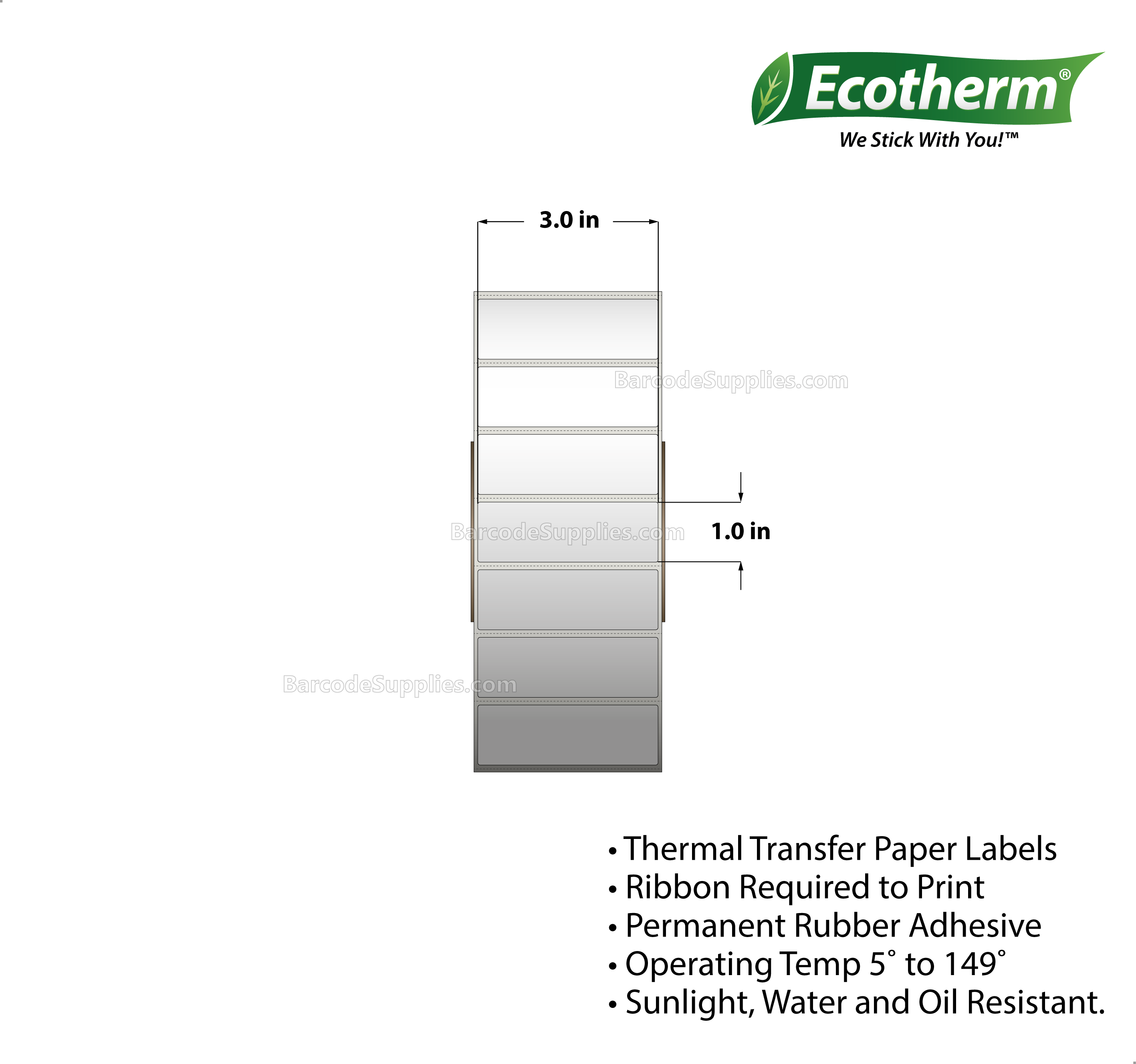 3 x 1 Thermal Transfer White Labels With Rubber Adhesive - Perforated - 5500 Labels Per Roll - Carton Of 4 Rolls - 22000 Labels Total - MPN: TT8300100-3P-4