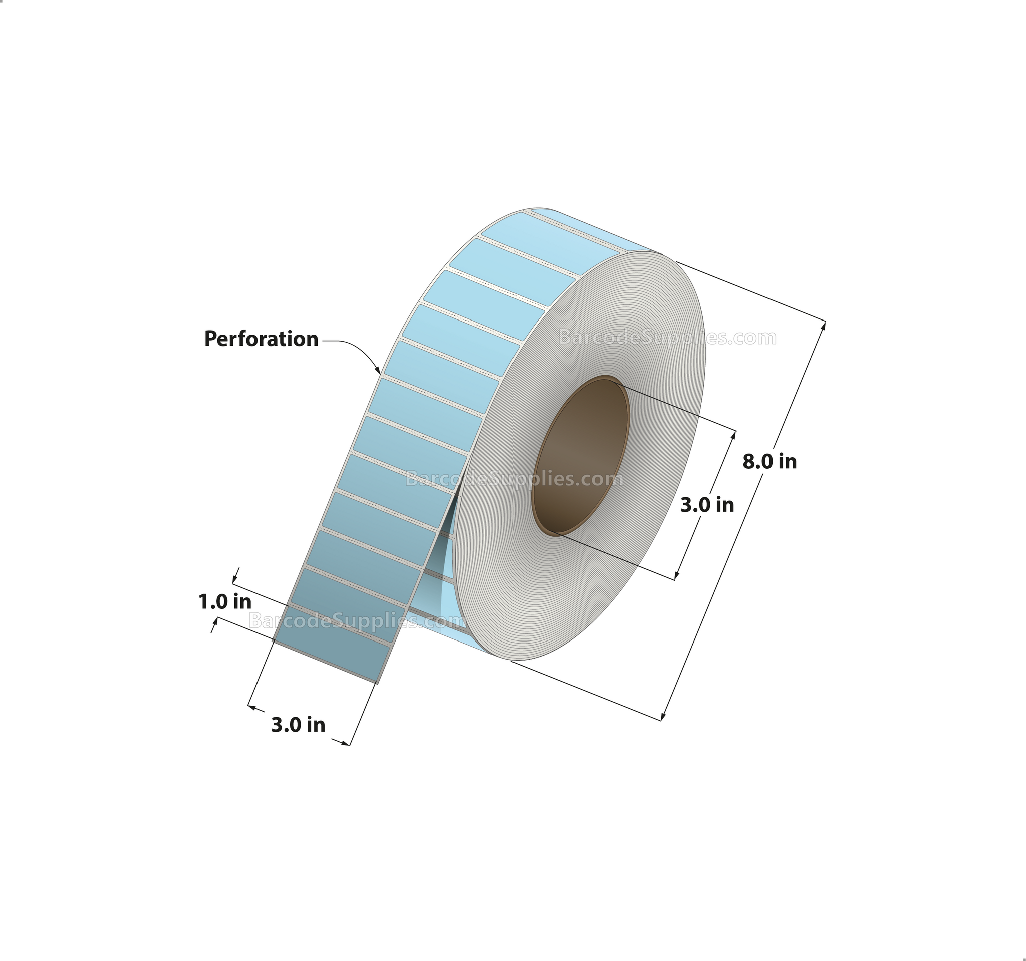 3 x 1 Thermal Transfer 290 Blue Labels With Permanent Adhesive - Perforated - 5500 Labels Per Roll - Carton Of 8 Rolls - 44000 Labels Total - MPN: RFC-3-1-5500-BL