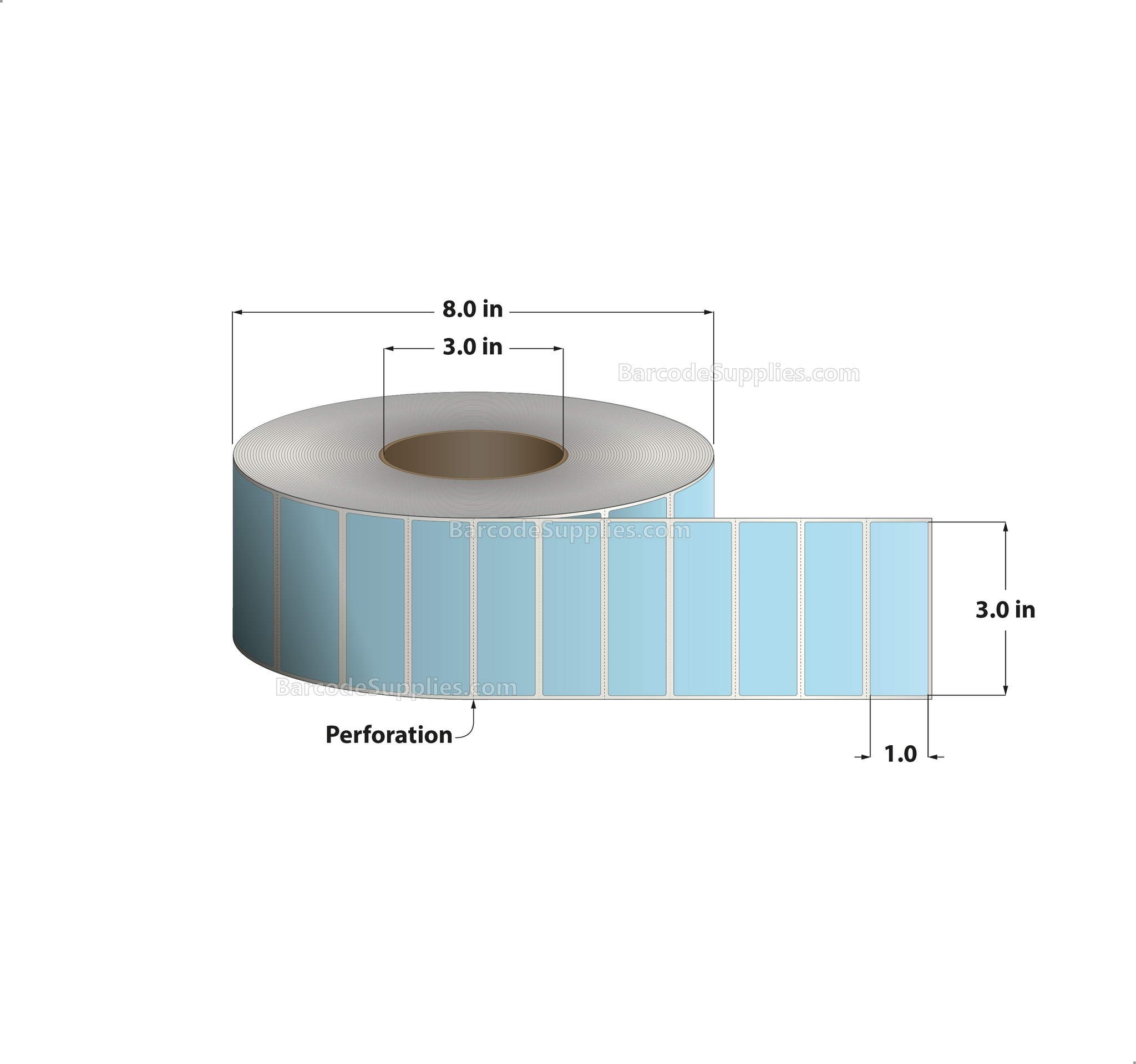 3 x 1 Direct Thermal Blue Labels With Acrylic Adhesive - Perforated - 5500 Labels Per Roll - Carton Of 8 Rolls - 44000 Labels Total - MPN: RD-3-1-5500-BL