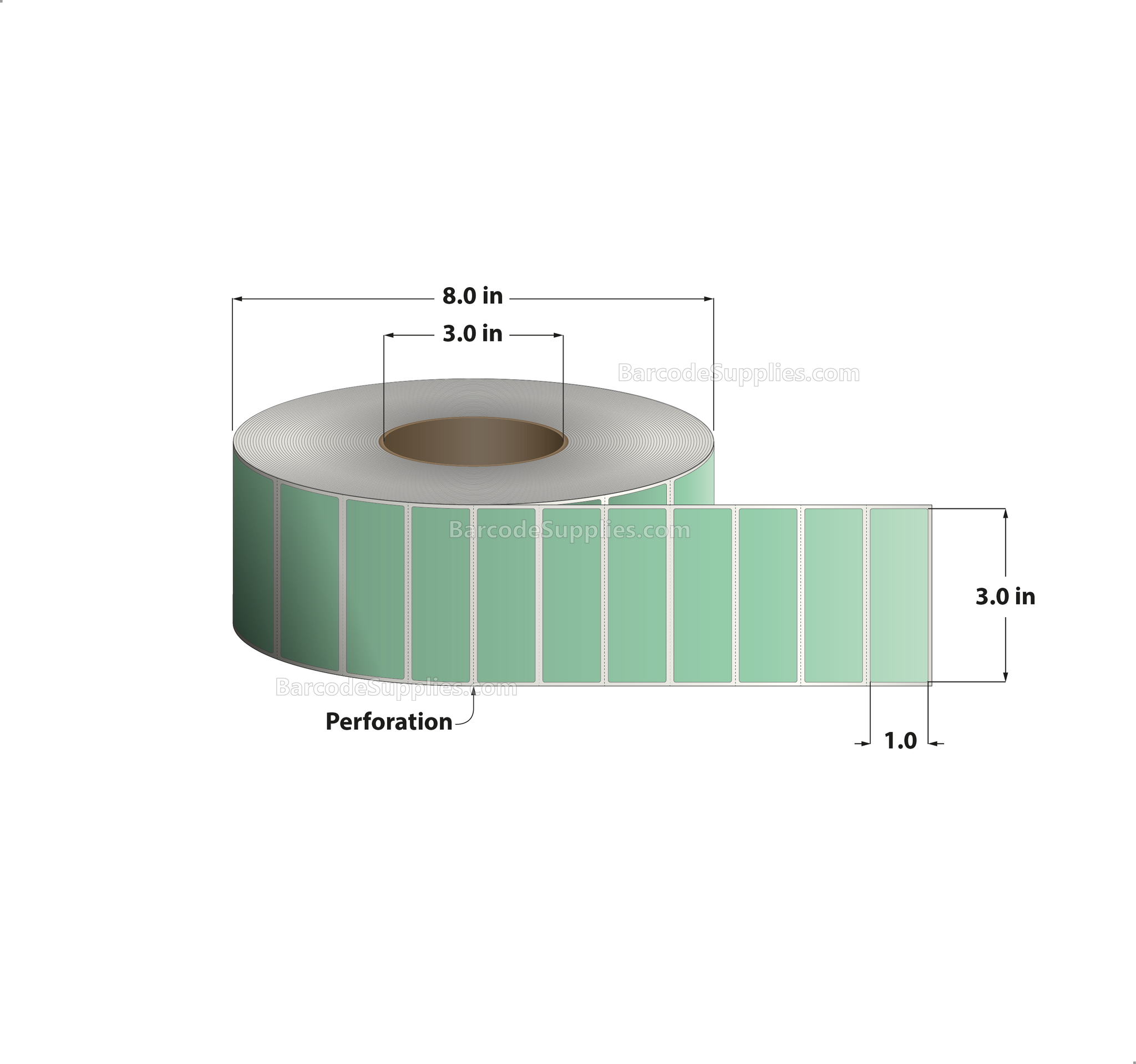 3 x 1 Direct Thermal Green Labels With Acrylic Adhesive - Perforated - 5500 Labels Per Roll - Carton Of 8 Rolls - 44000 Labels Total - MPN: RD-3-1-5500-GR