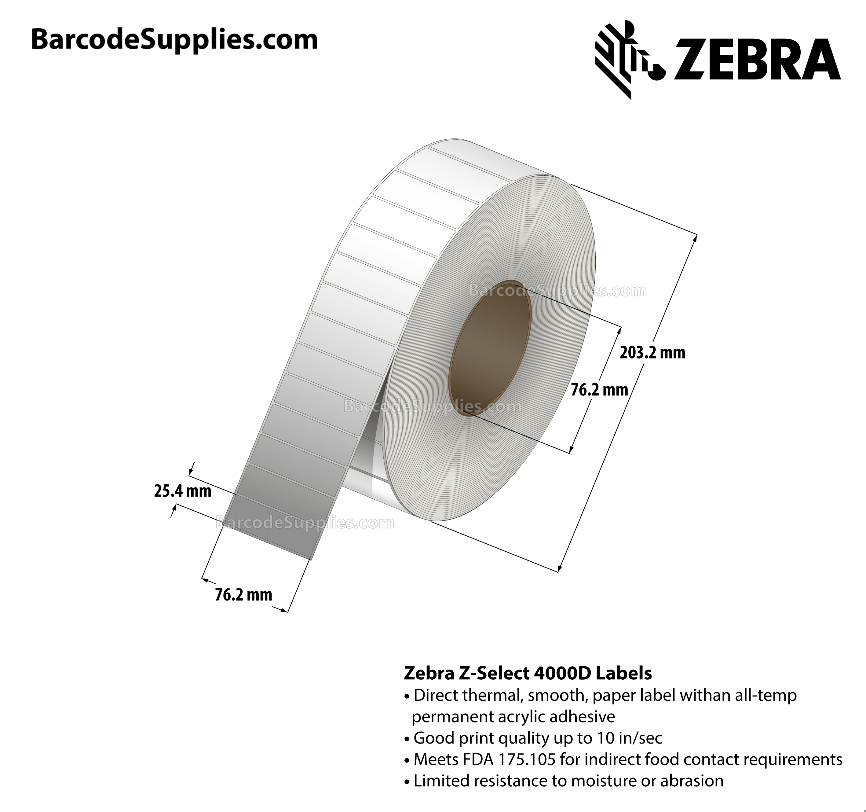 3 x 1 Direct Thermal White Z-Select 4000D Labels With All-Temp Adhesive - Not Perforated - 5120 Labels Per Roll - Carton Of 6 Rolls - 30720 Labels Total - MPN: 74569