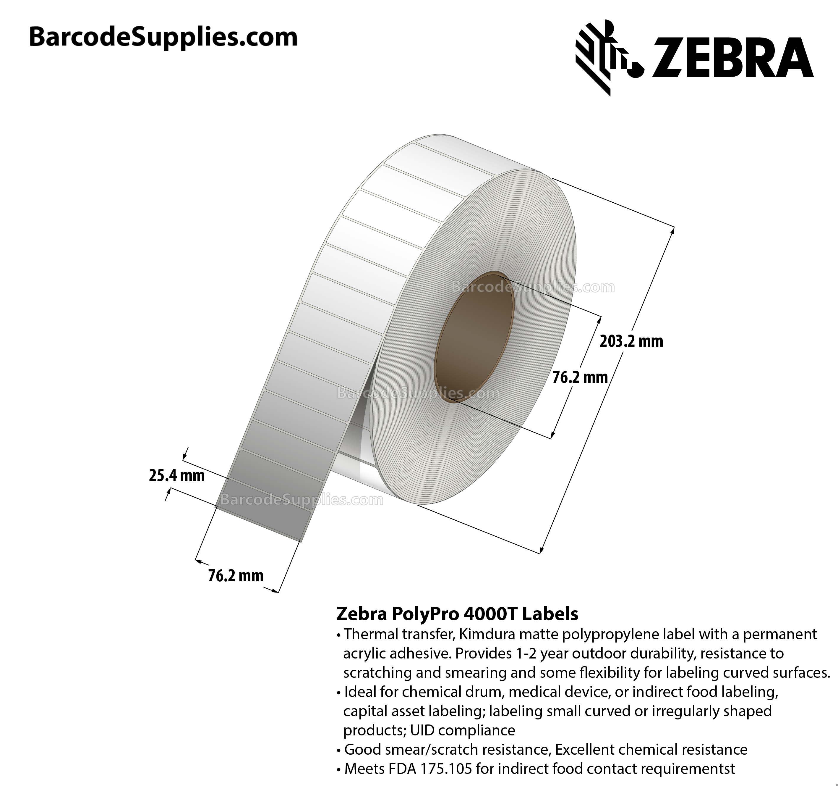 3 x 1 Thermal Transfer White PolyPro 4000T Labels With Permanent Adhesive - Not Perforated - 4350 Labels Per Roll - Carton Of 4 Rolls - 17400 Labels Total - MPN: 10011688