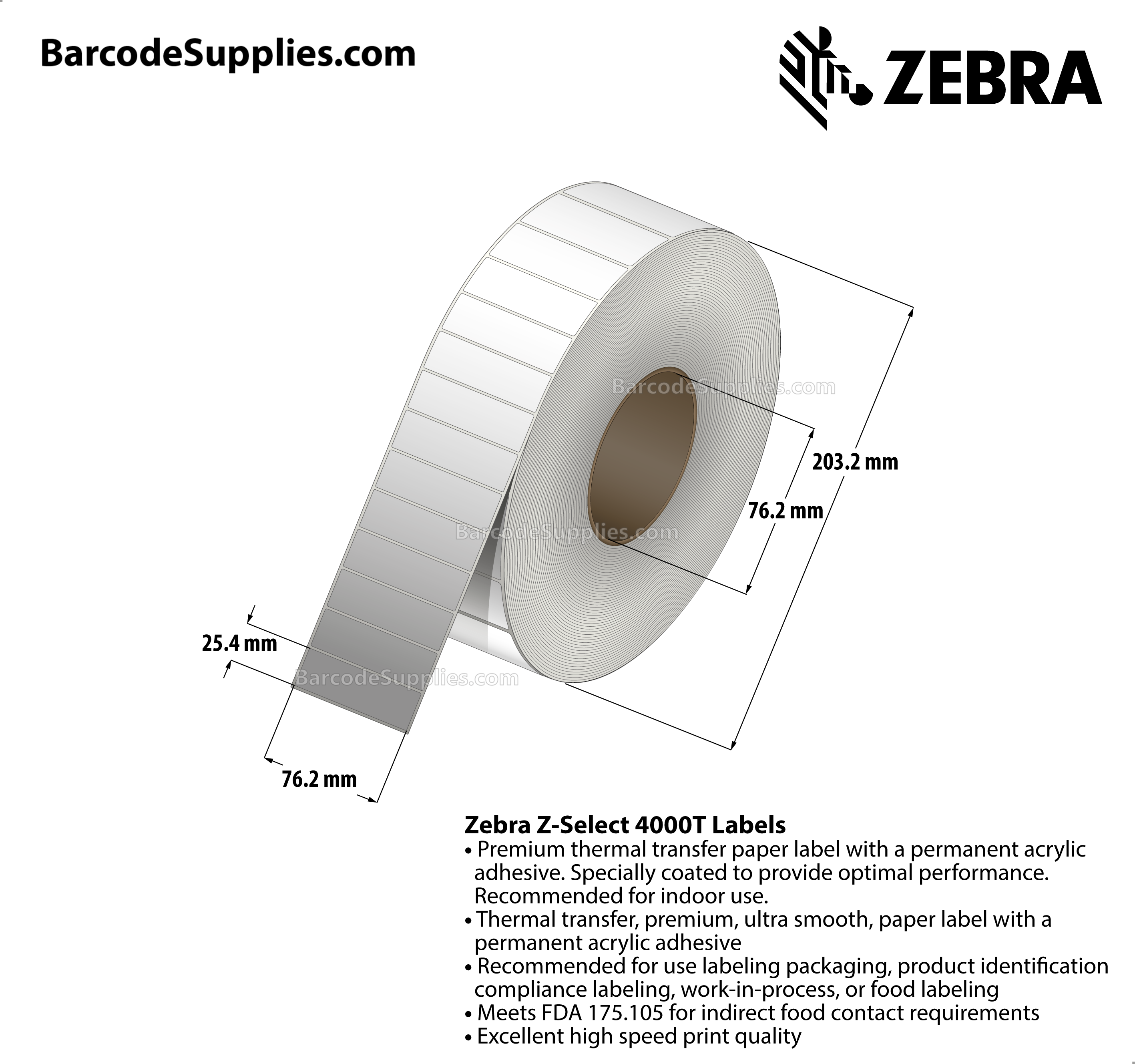 3 x 1 Thermal Transfer White Z-Select 4000T Labels With Permanent Adhesive - Not Perforated - 5180 Labels Per Roll - Carton Of 6 Rolls - 31080 Labels Total - MPN: 72284