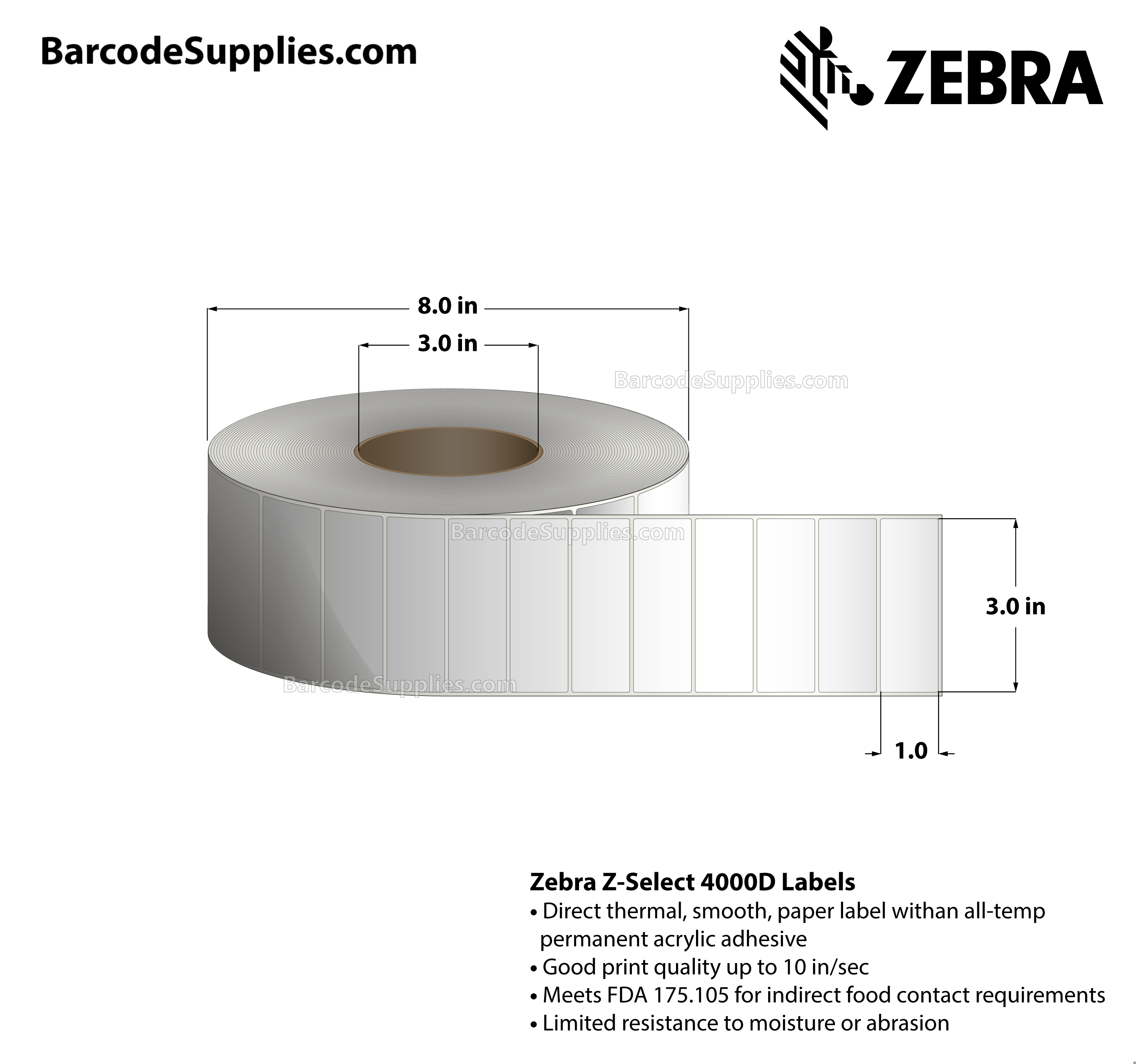 3 x 1 Direct Thermal White Z-Select 4000D Labels With All-Temp Adhesive - Not Perforated - 5120 Labels Per Roll - Carton Of 6 Rolls - 30720 Labels Total - MPN: 74569