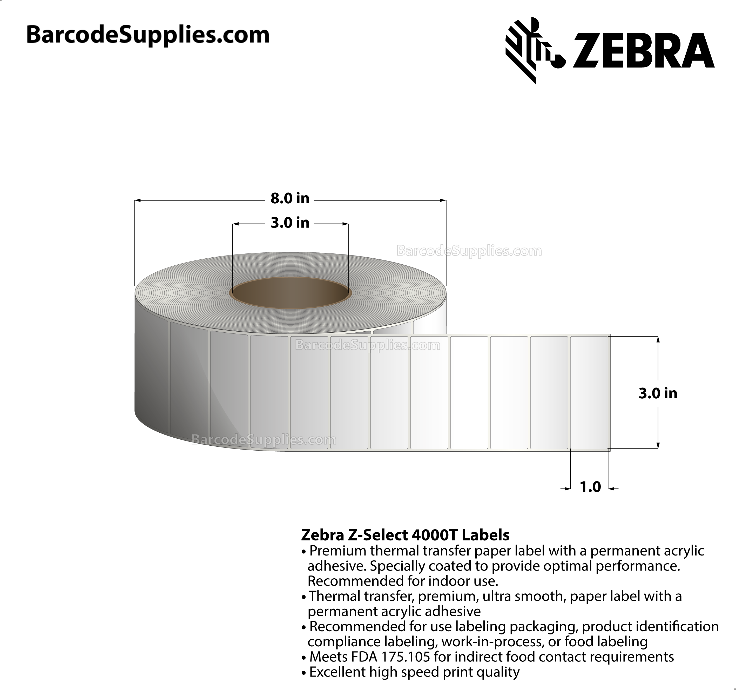 3 x 1 Thermal Transfer White Z-Select 4000T Labels With Permanent Adhesive - Not Perforated - 5180 Labels Per Roll - Carton Of 6 Rolls - 31080 Labels Total - MPN: 72284