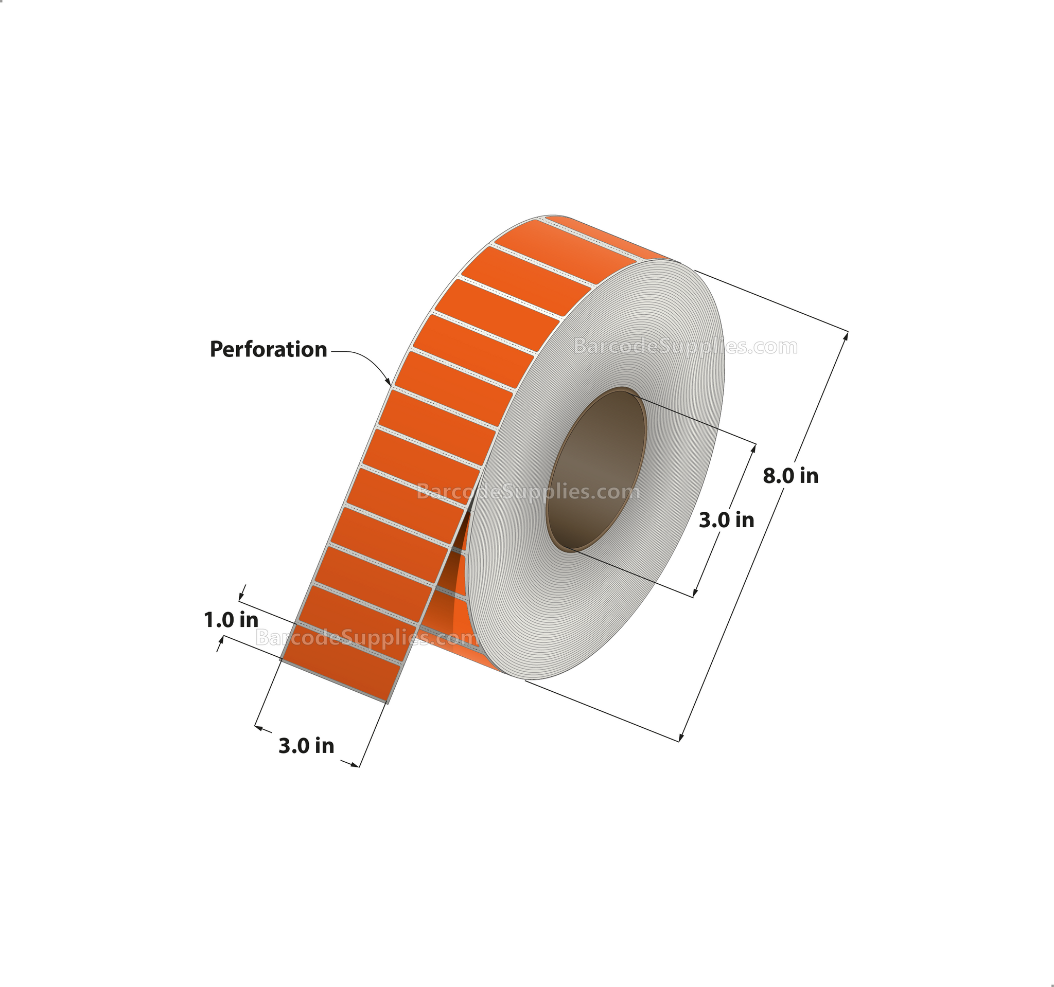 3 x 1 Direct Thermal Orange Labels With Acrylic Adhesive - Perforated - 5500 Labels Per Roll - Carton Of 8 Rolls - 44000 Labels Total - MPN: RD-3-1-5500-OR