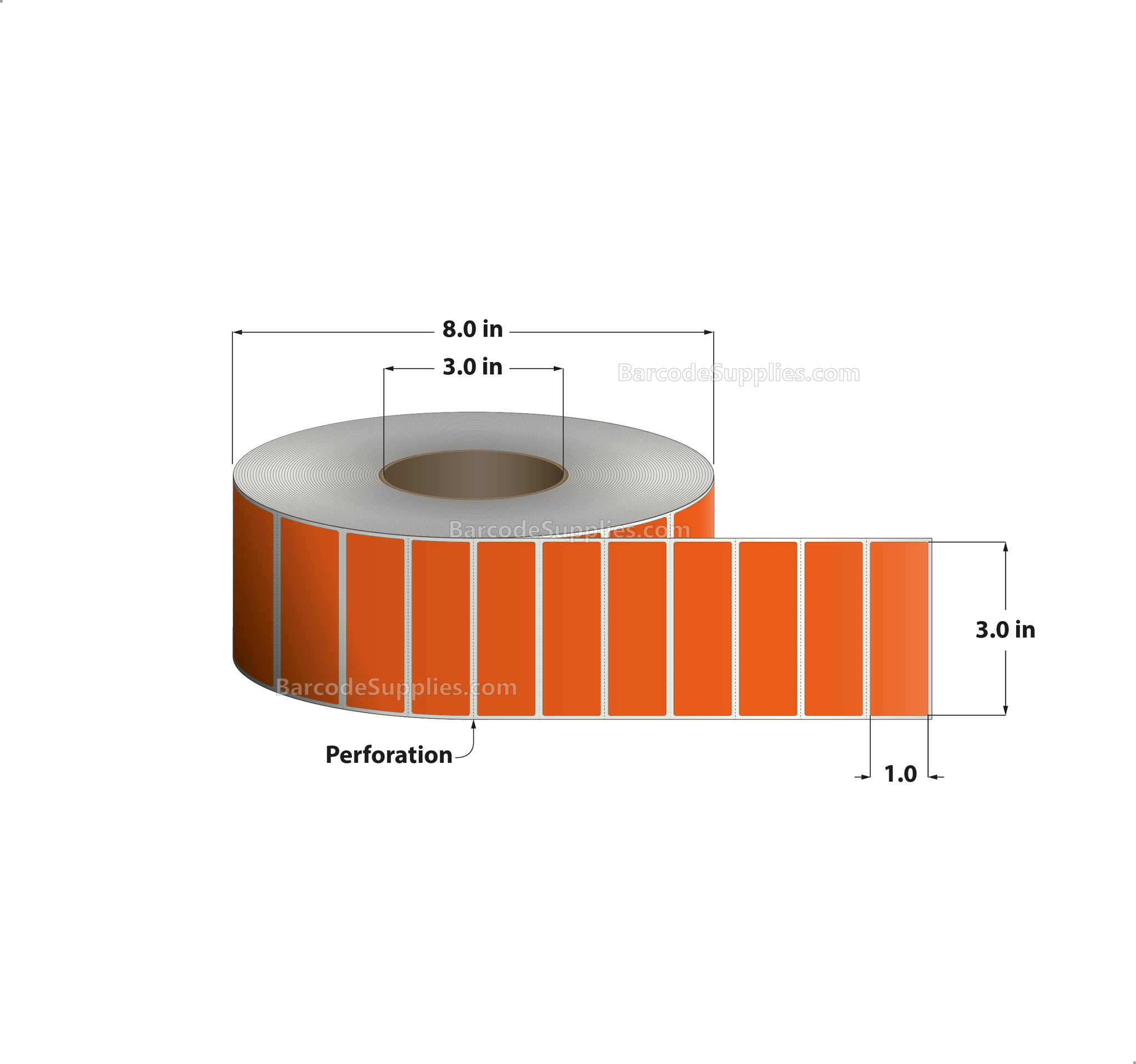 3 x 1 Direct Thermal Orange Labels With Acrylic Adhesive - Perforated - 5500 Labels Per Roll - Carton Of 8 Rolls - 44000 Labels Total - MPN: RD-3-1-5500-OR