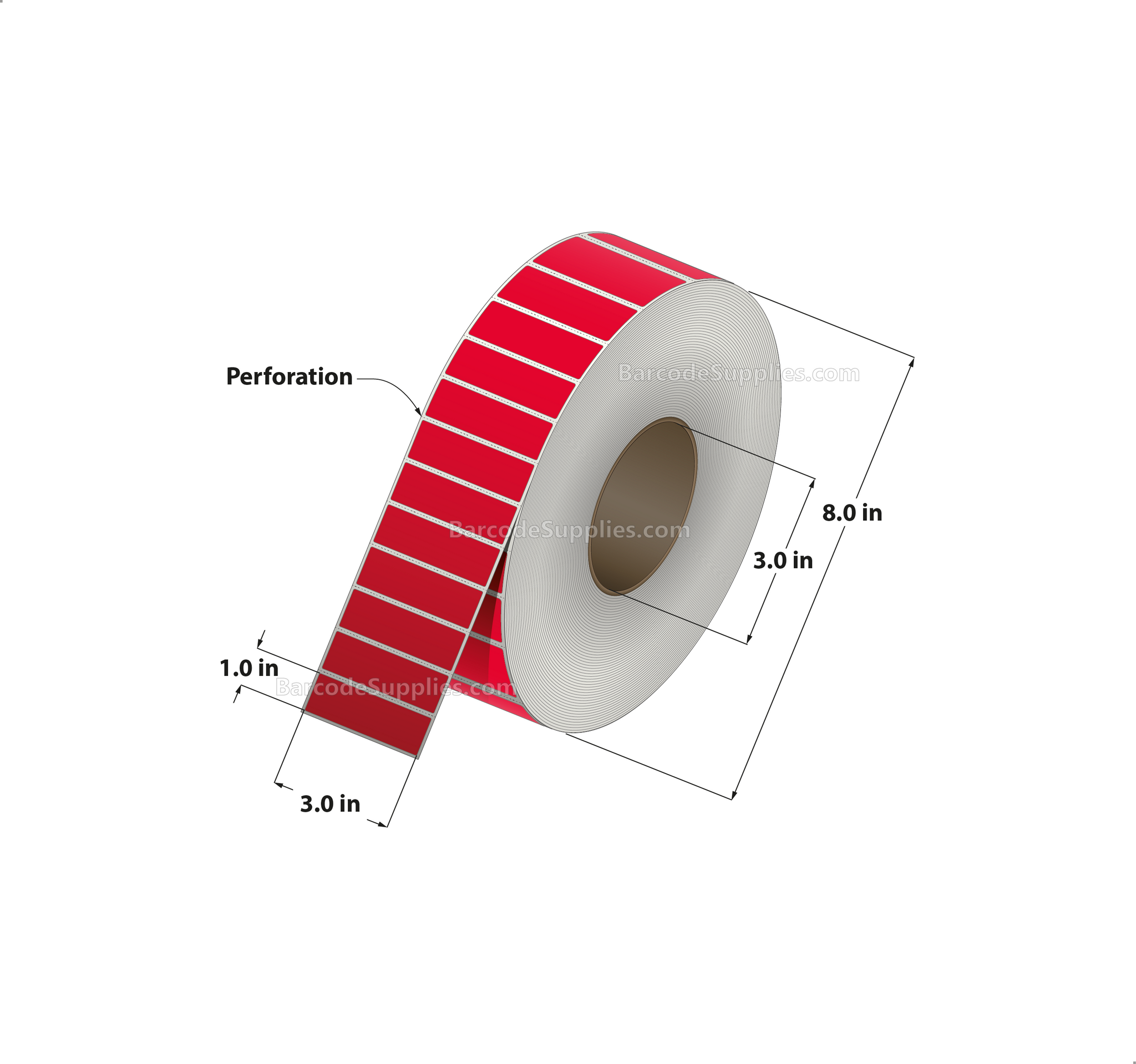 3 x 1 Direct Thermal Red Labels With Acrylic Adhesive - Perforated - 5500 Labels Per Roll - Carton Of 8 Rolls - 44000 Labels Total - MPN: RD-3-1-5500-RD