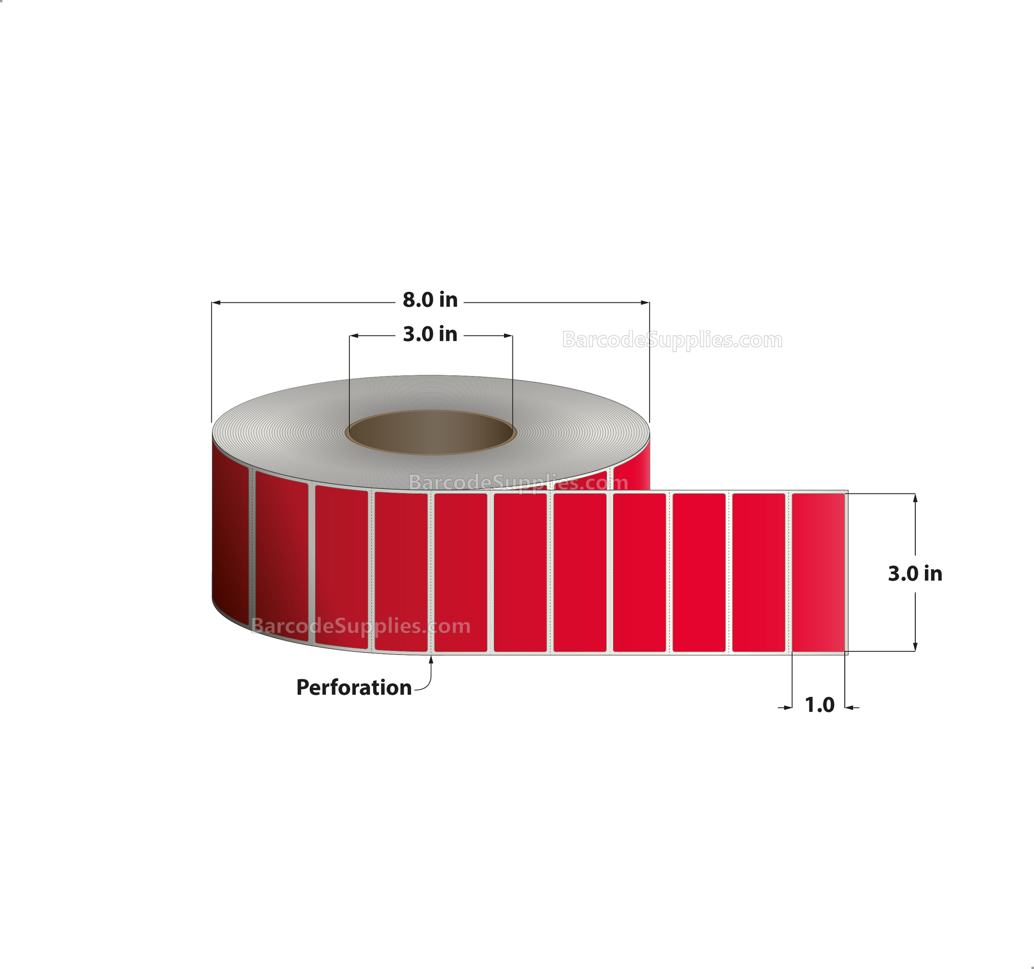 3 x 1 Direct Thermal Red Labels With Acrylic Adhesive - Perforated - 5500 Labels Per Roll - Carton Of 8 Rolls - 44000 Labels Total - MPN: RD-3-1-5500-RD