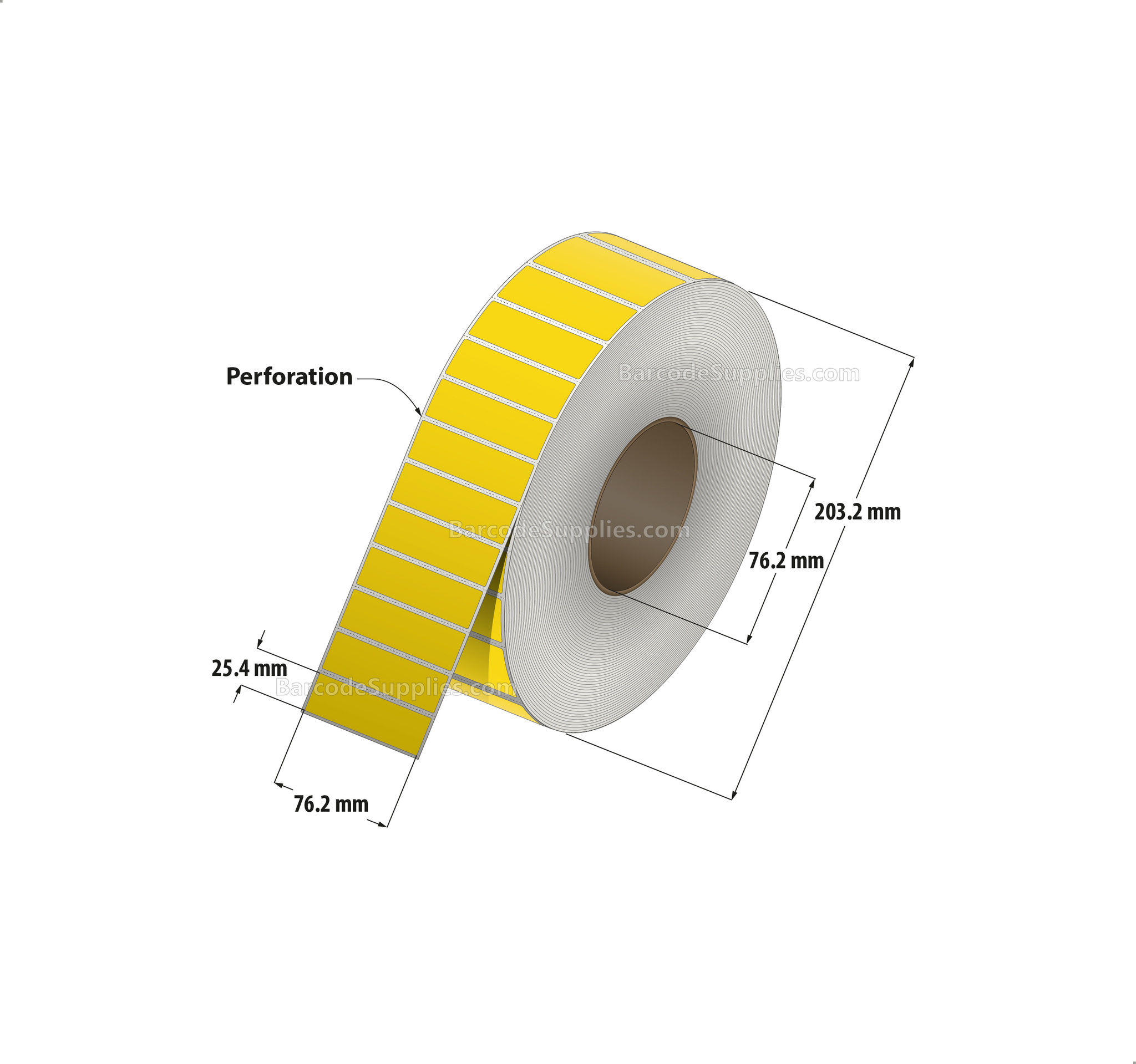 3 x 1 Thermal Transfer Pantone Yellow Labels With Permanent Adhesive - Perforated - 5500 Labels Per Roll - Carton Of 8 Rolls - 44000 Labels Total - MPN: RFC-3-1-5500-YL