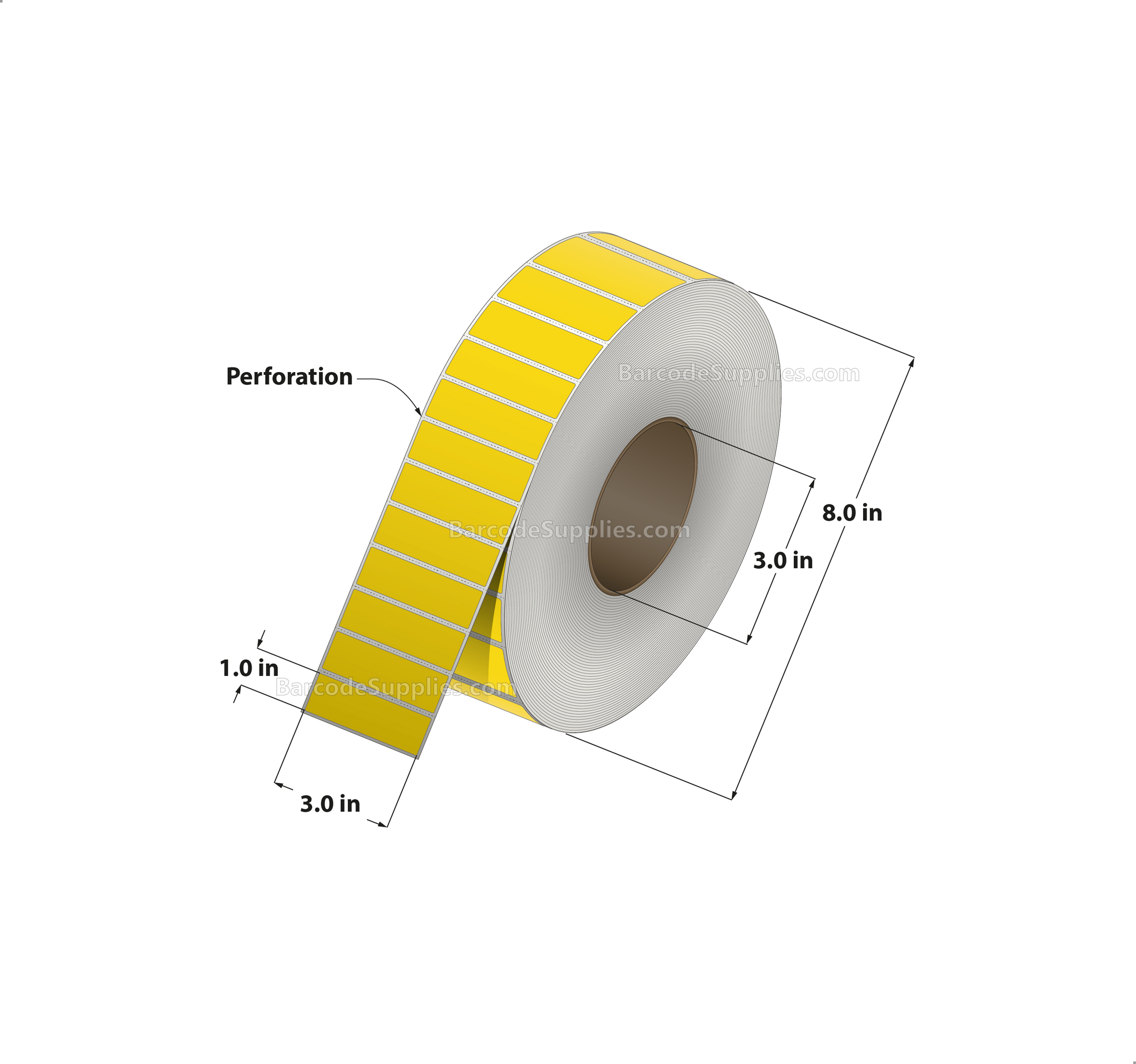 3 x 1 Thermal Transfer Pantone Yellow Labels With Permanent Adhesive - Perforated - 5500 Labels Per Roll - Carton Of 8 Rolls - 44000 Labels Total - MPN: RFC-3-1-5500-YL