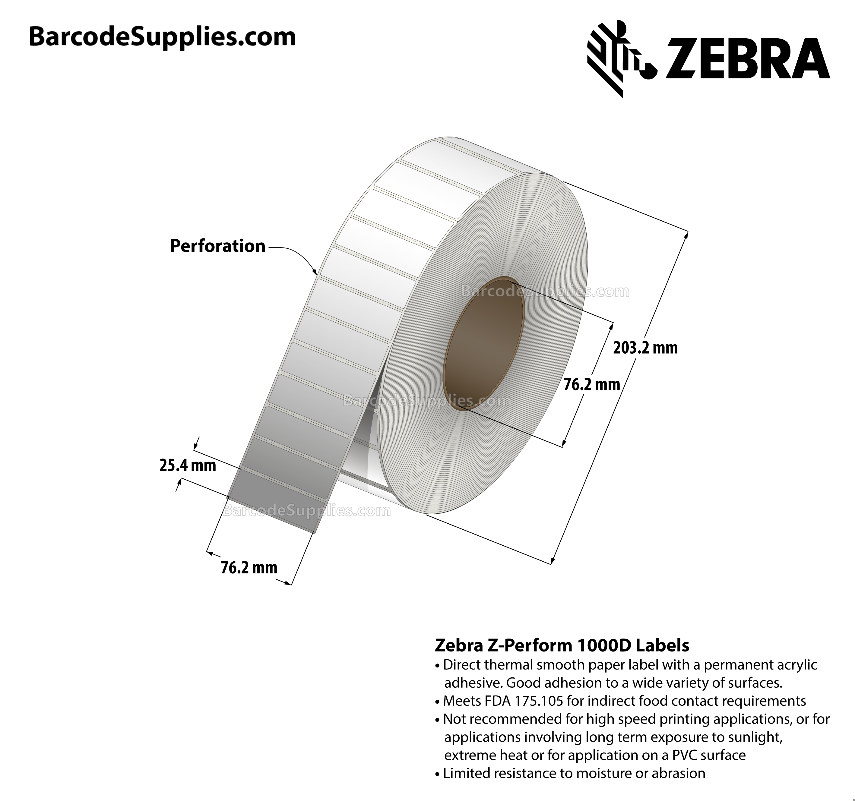 3 x 1 Direct Thermal White Z-Perform 1000D Labels With Permanent Adhesive - Perforated - 5500 Labels Per Roll - Carton Of 6 Rolls - 33000 Labels Total - MPN: 10000303