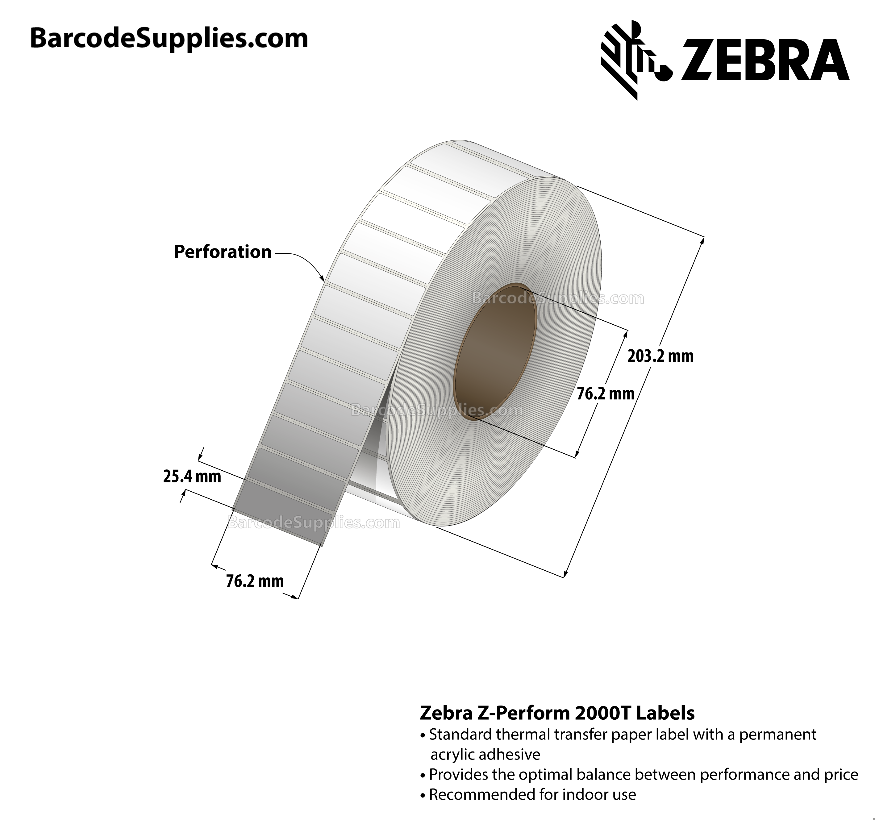 3 x 1 Thermal Transfer White Z-Perform 2000T Labels With Permanent Adhesive - Perforated - 5500 Labels Per Roll - Carton Of 6 Rolls - 33000 Labels Total - MPN: 10000287