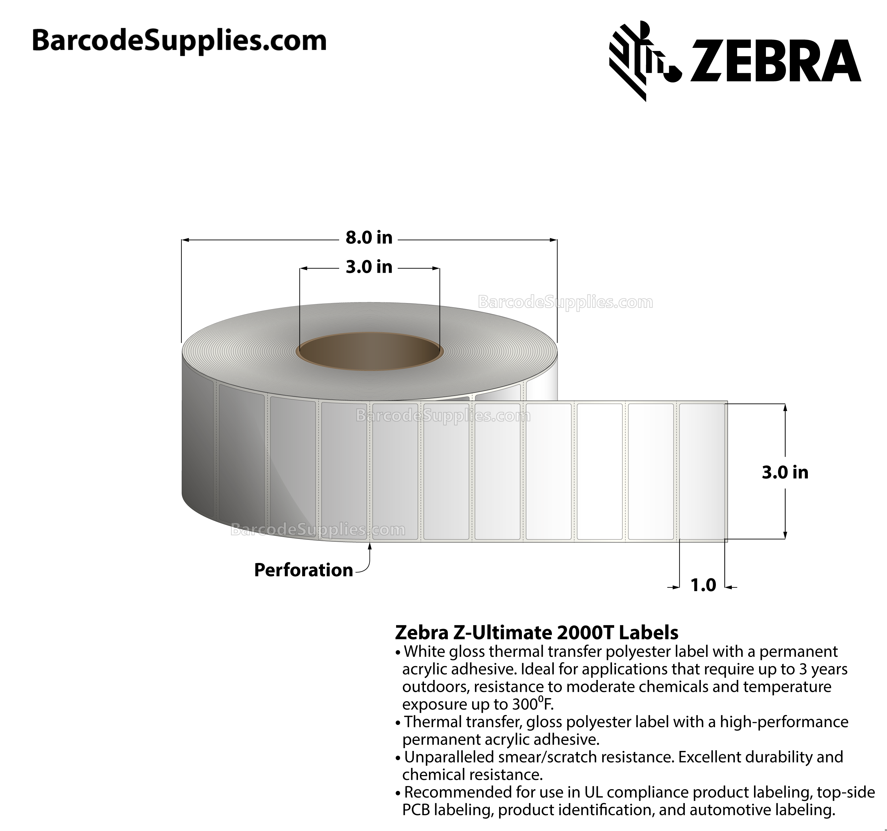 3 x 1 Thermal Transfer White Z-Ultimate 2000T Labels With Permanent Adhesive - Perforated - 5240 Labels Per Roll - Carton Of 4 Rolls - 20960 Labels Total - MPN: 10011691