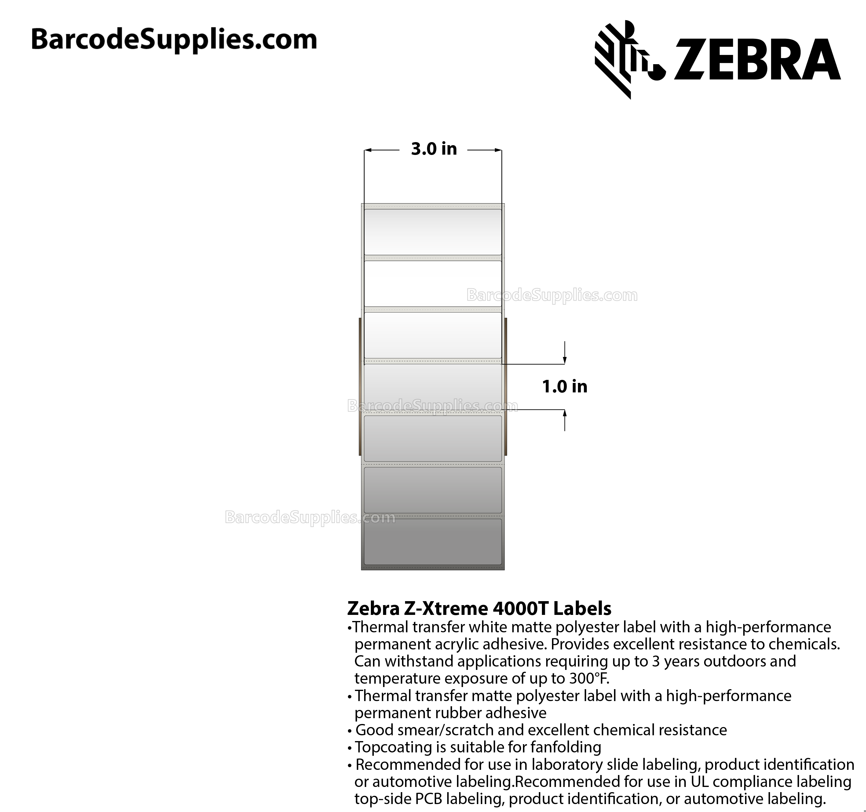 3 x 1 Thermal Transfer White Z-Xtreme 4000T White Labels With Permanent Adhesive - Perforated - 3000 Labels Per Roll - Carton Of 1 Rolls - 3000 Labels Total - MPN: 10023245