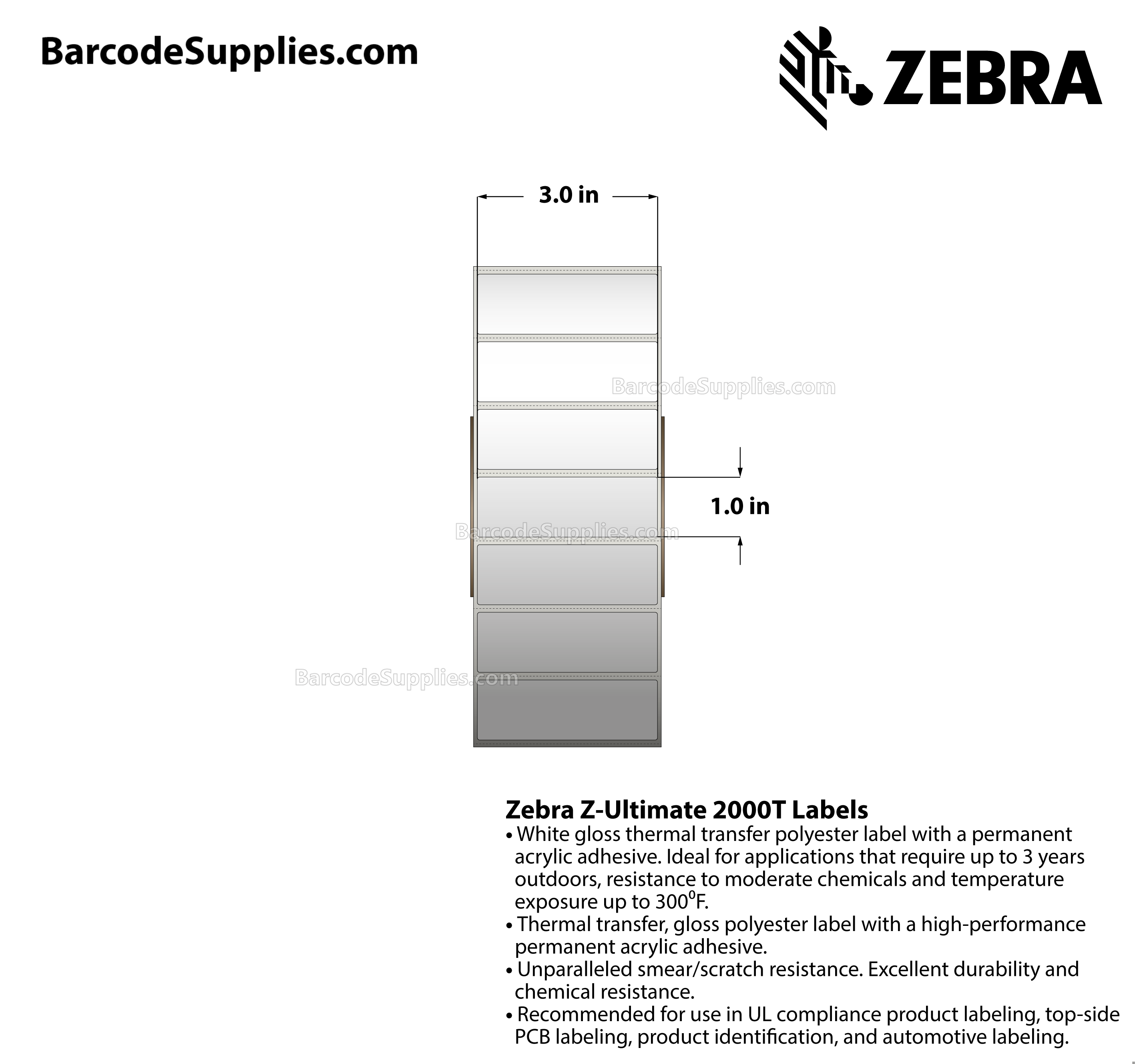 3 x 1 Thermal Transfer White Z-Ultimate 2000T Labels With Permanent Adhesive - Perforated - 5240 Labels Per Roll - Carton Of 4 Rolls - 20960 Labels Total - MPN: 10011691