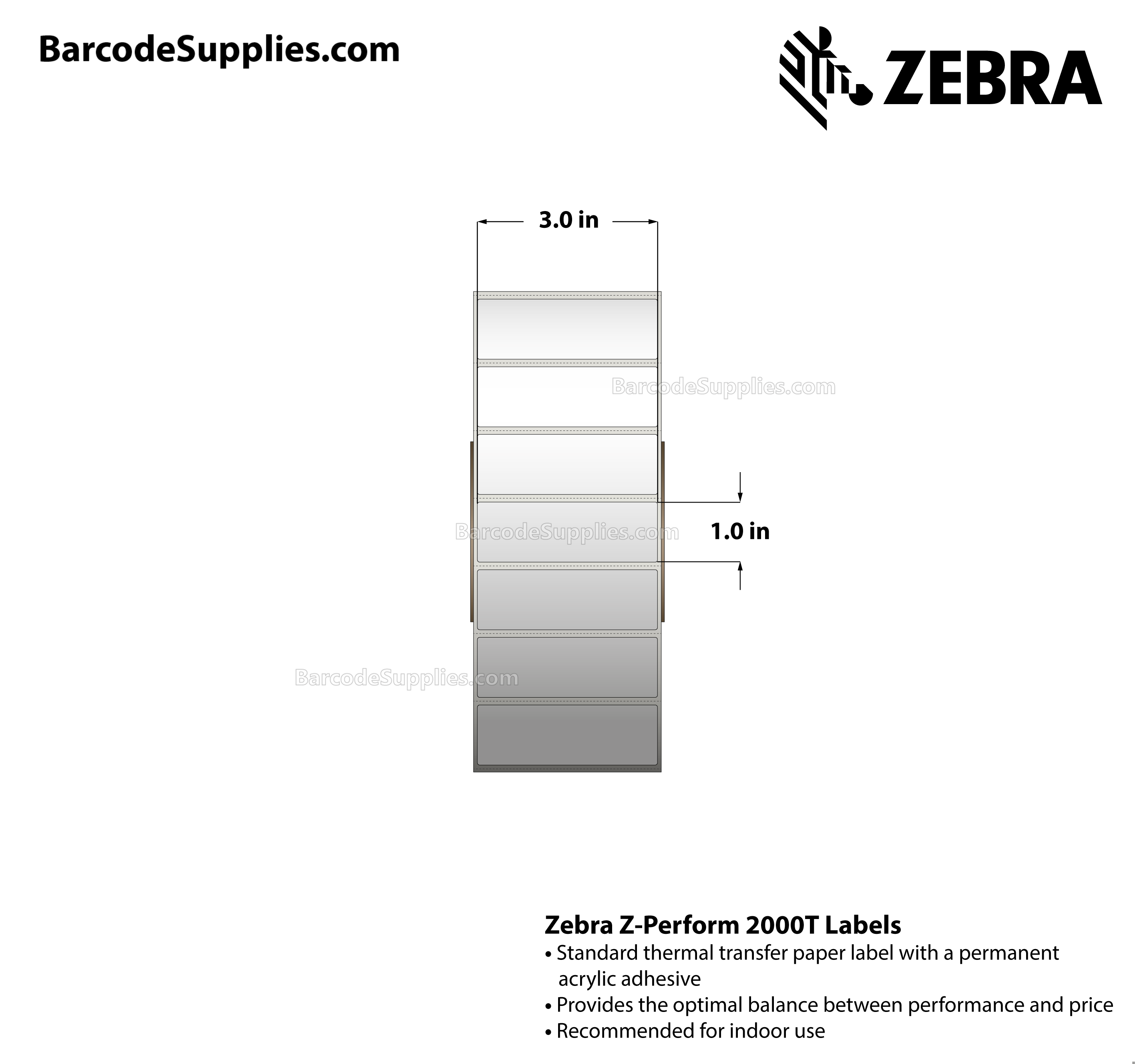 3 x 1 Thermal Transfer White Z-Perform 2000T Labels With Permanent Adhesive - Perforated - 5500 Labels Per Roll - Carton Of 6 Rolls - 33000 Labels Total - MPN: 10000287