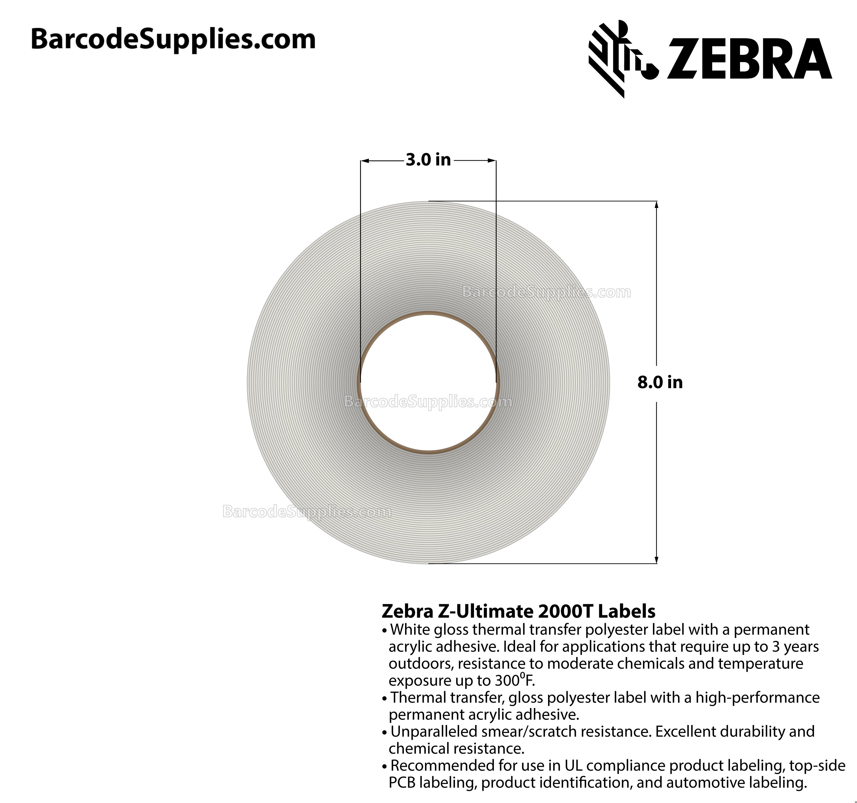 3 x 1 Thermal Transfer White Z-Ultimate 2000T Labels With Permanent Adhesive - Perforated - 5240 Labels Per Roll - Carton Of 4 Rolls - 20960 Labels Total - MPN: 10011691