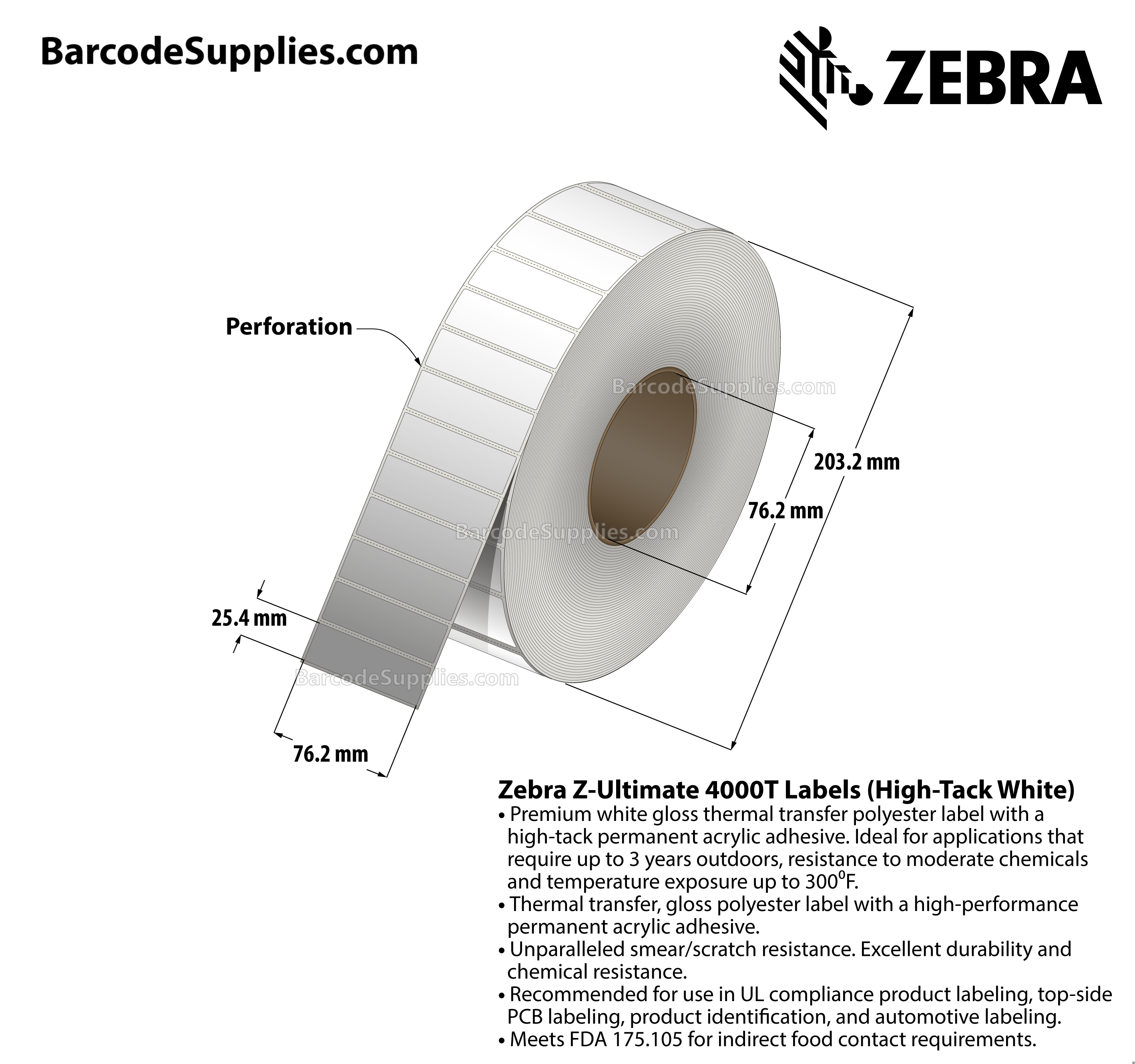 3 x 1 Thermal Transfer White Z-Ultimate 4000T High-Tack White Labels With High-tack Adhesive - Perforated - 4300 Labels Per Roll - Carton Of 4 Rolls - 17200 Labels Total - MPN: 10014014