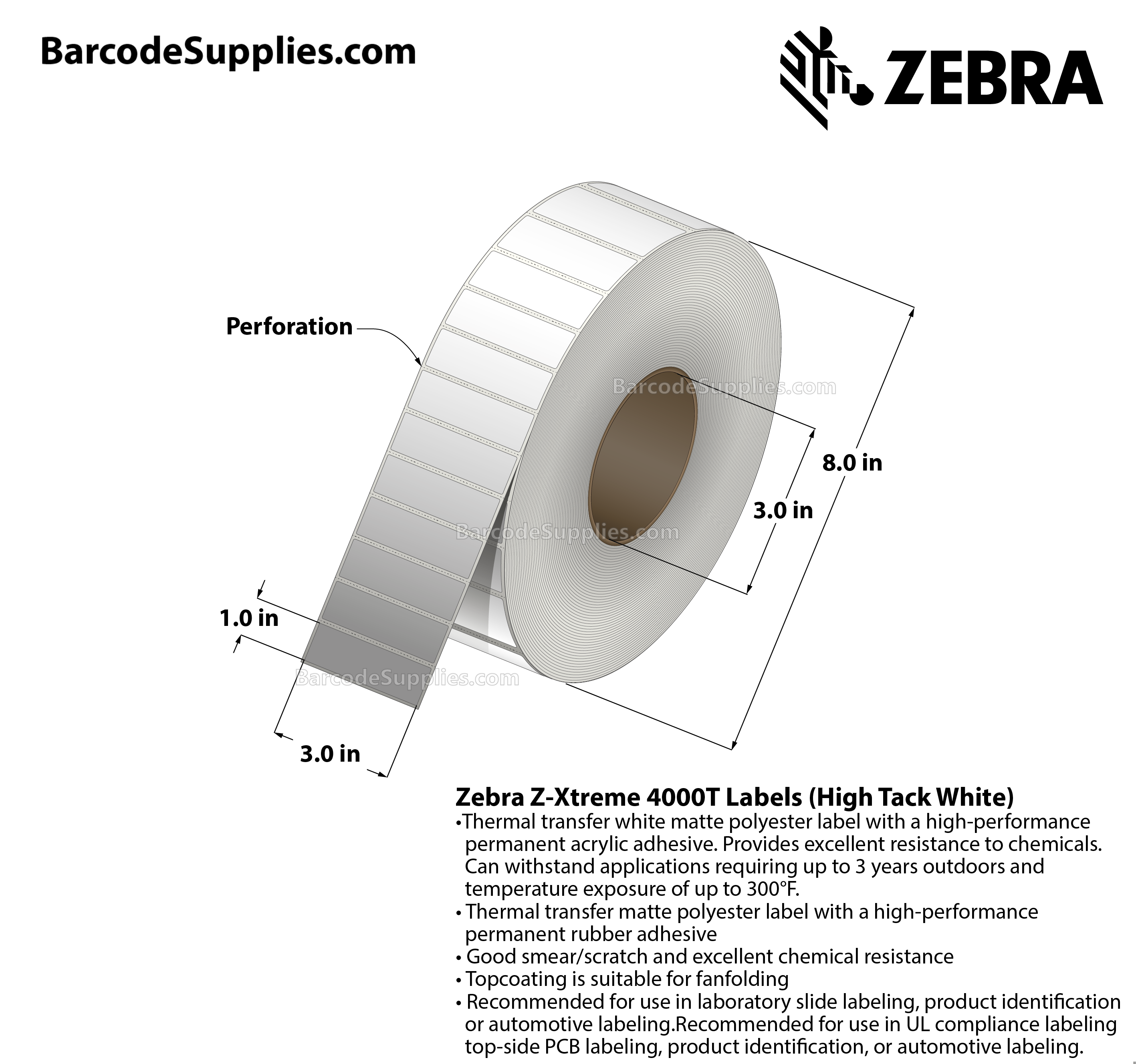 3 x 1 Thermal Transfer White Z-Ultimate 3000T Labels With Permanent Adhesive - Perforated - 2530 Labels Per Roll - Carton Of 8 Rolls - 20240 Labels Total - MPN: 18939