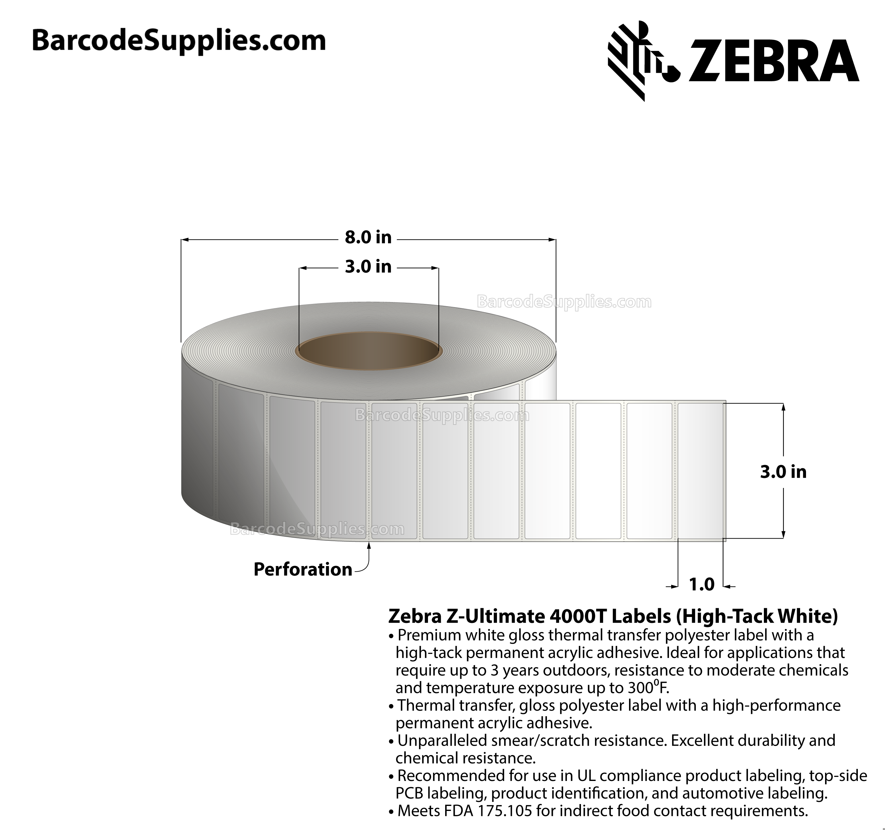 3 x 1 Thermal Transfer White Z-Ultimate 4000T High-Tack White Labels With High-tack Adhesive - Perforated - 4300 Labels Per Roll - Carton Of 4 Rolls - 17200 Labels Total - MPN: 10014014