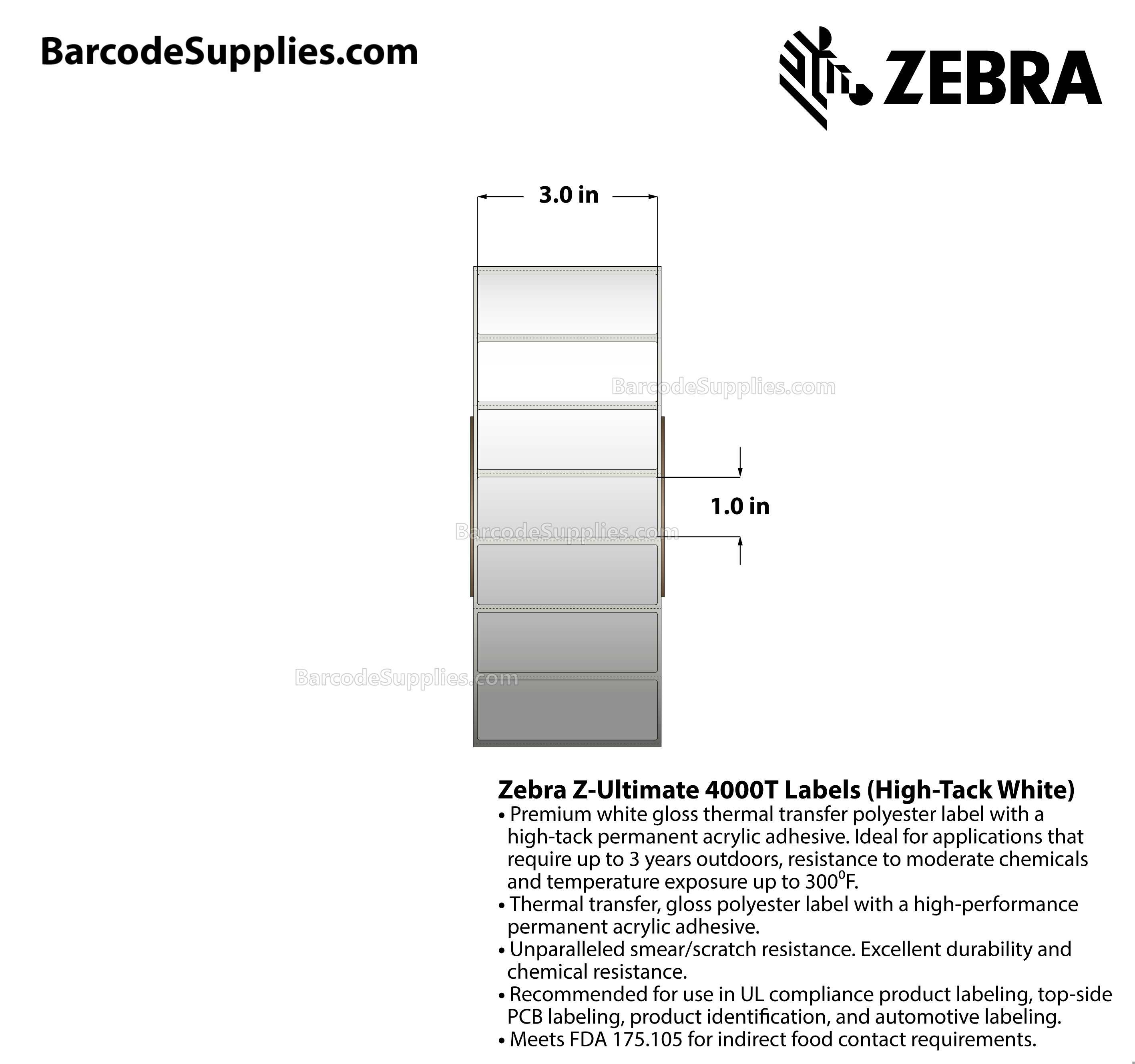 3 x 1 Thermal Transfer White Z-Ultimate 4000T High-Tack White Labels With High-tack Adhesive - Perforated - 4300 Labels Per Roll - Carton Of 4 Rolls - 17200 Labels Total - MPN: 10014014