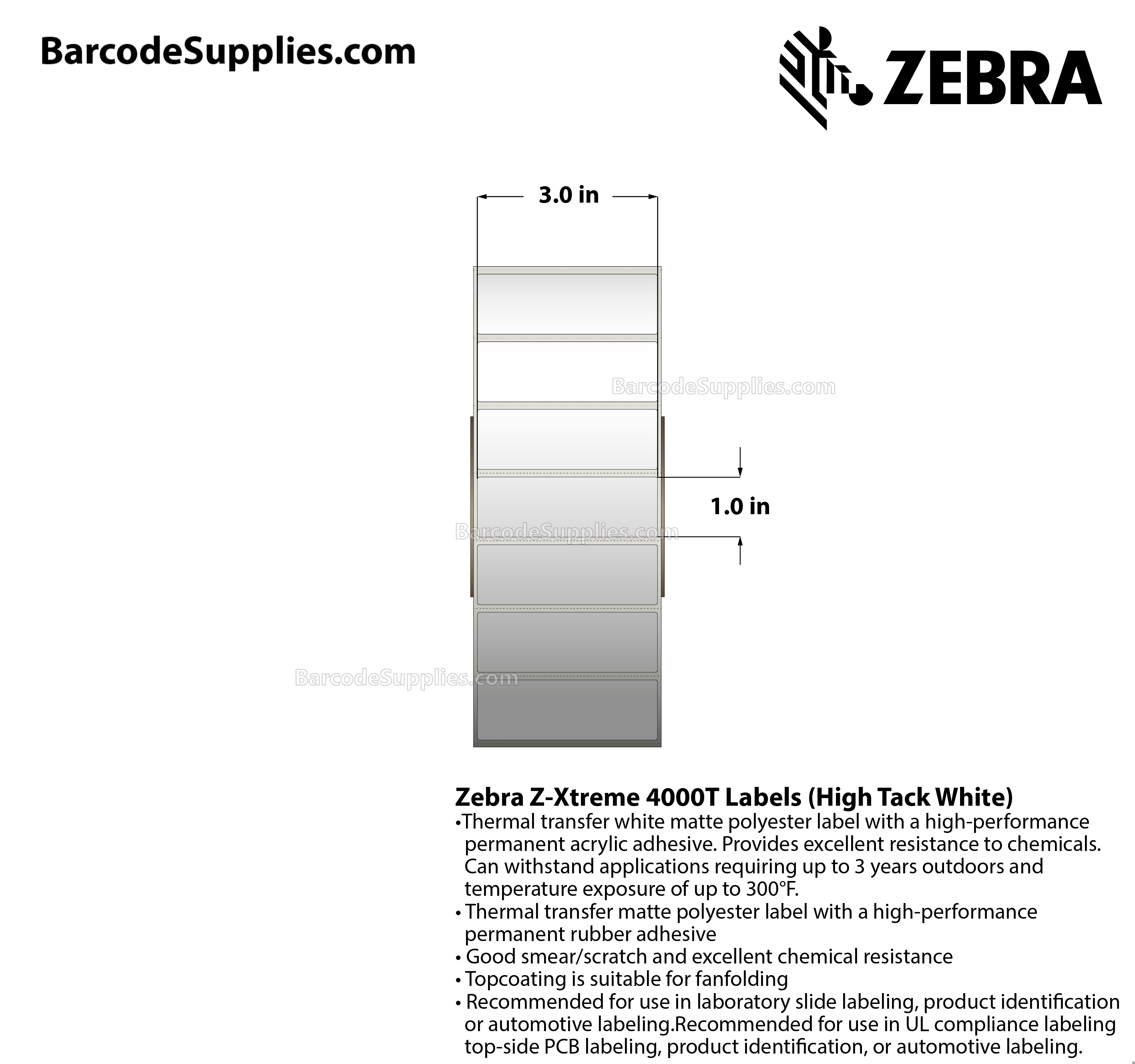 3 x 1 Thermal Transfer White Z-Ultimate 3000T Labels With Permanent Adhesive - Perforated - 2530 Labels Per Roll - Carton Of 8 Rolls - 20240 Labels Total - MPN: 18939