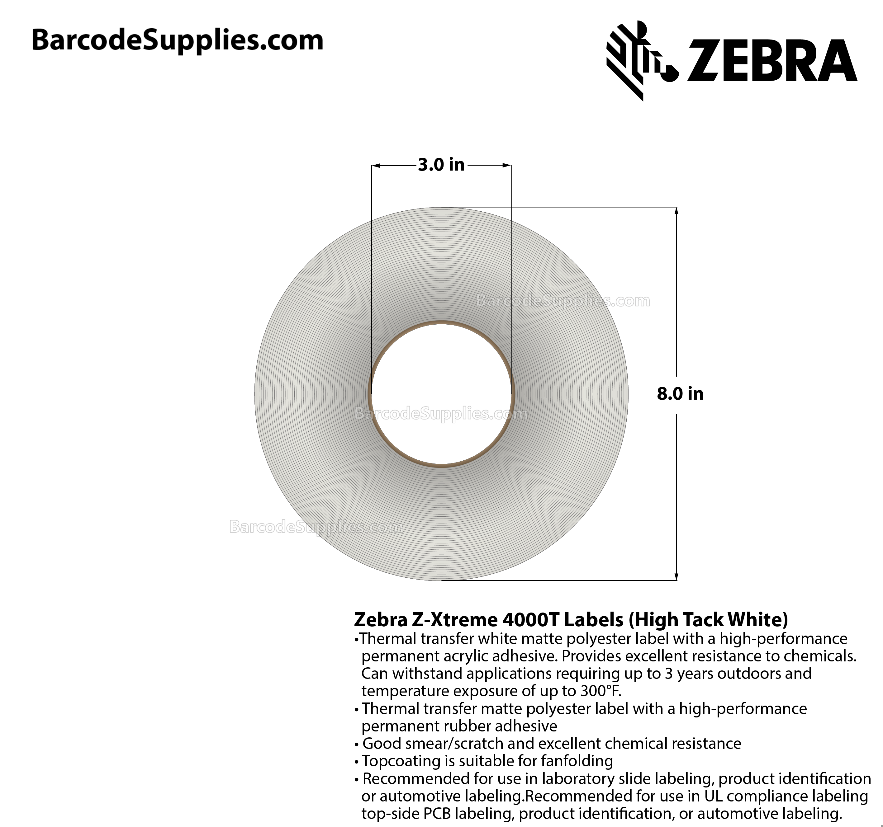 3 x 1 Thermal Transfer White Z-Ultimate 3000T Labels With Permanent Adhesive - Perforated - 2530 Labels Per Roll - Carton Of 8 Rolls - 20240 Labels Total - MPN: 18939