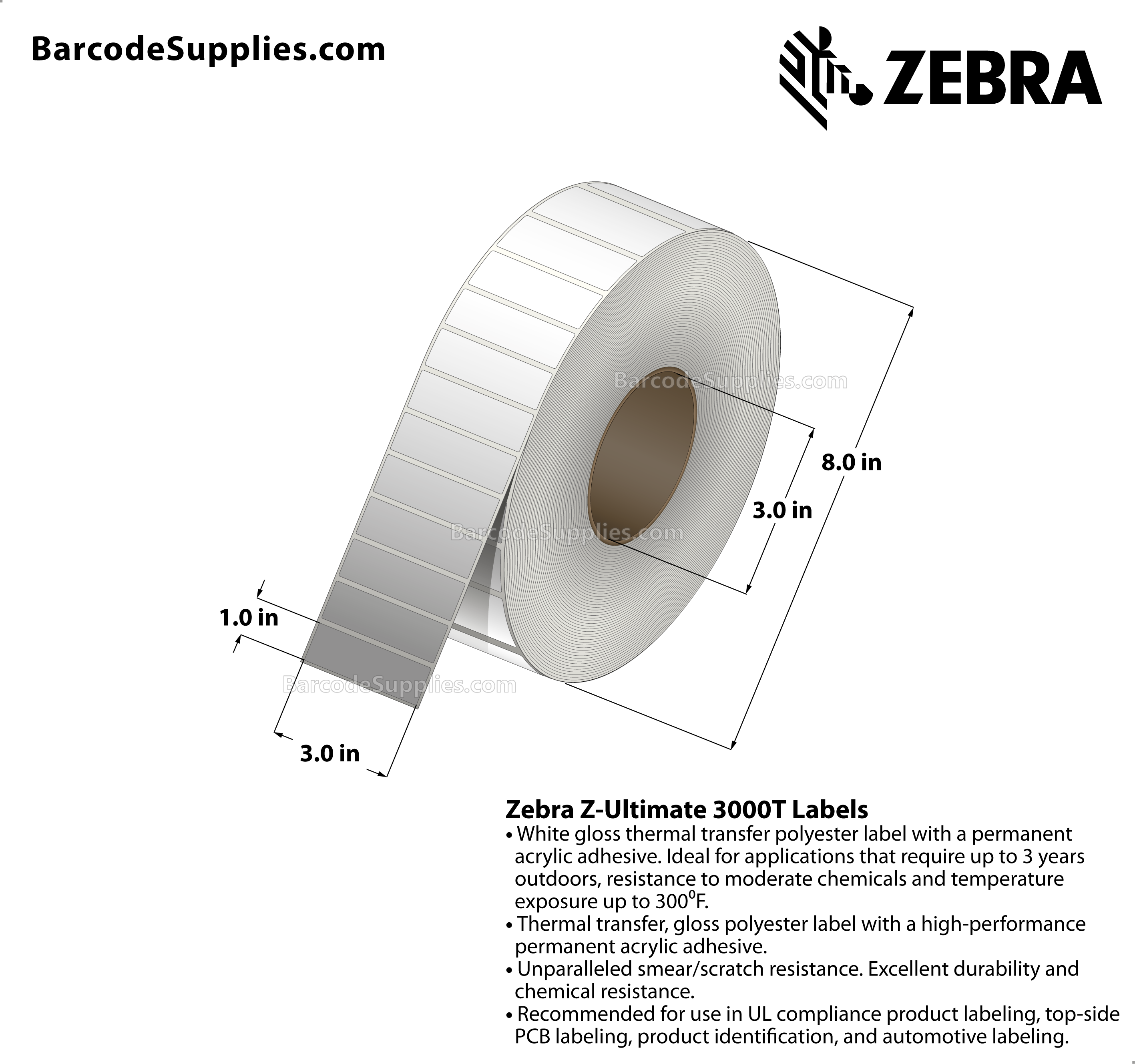 3 x 1 Thermal Transfer White Z-Ultimate 3000T Labels With Permanent Adhesive - Not Perforated - 5240 Labels Per Roll - Carton Of 4 Rolls - 20960 Labels Total - MPN: 10011702
