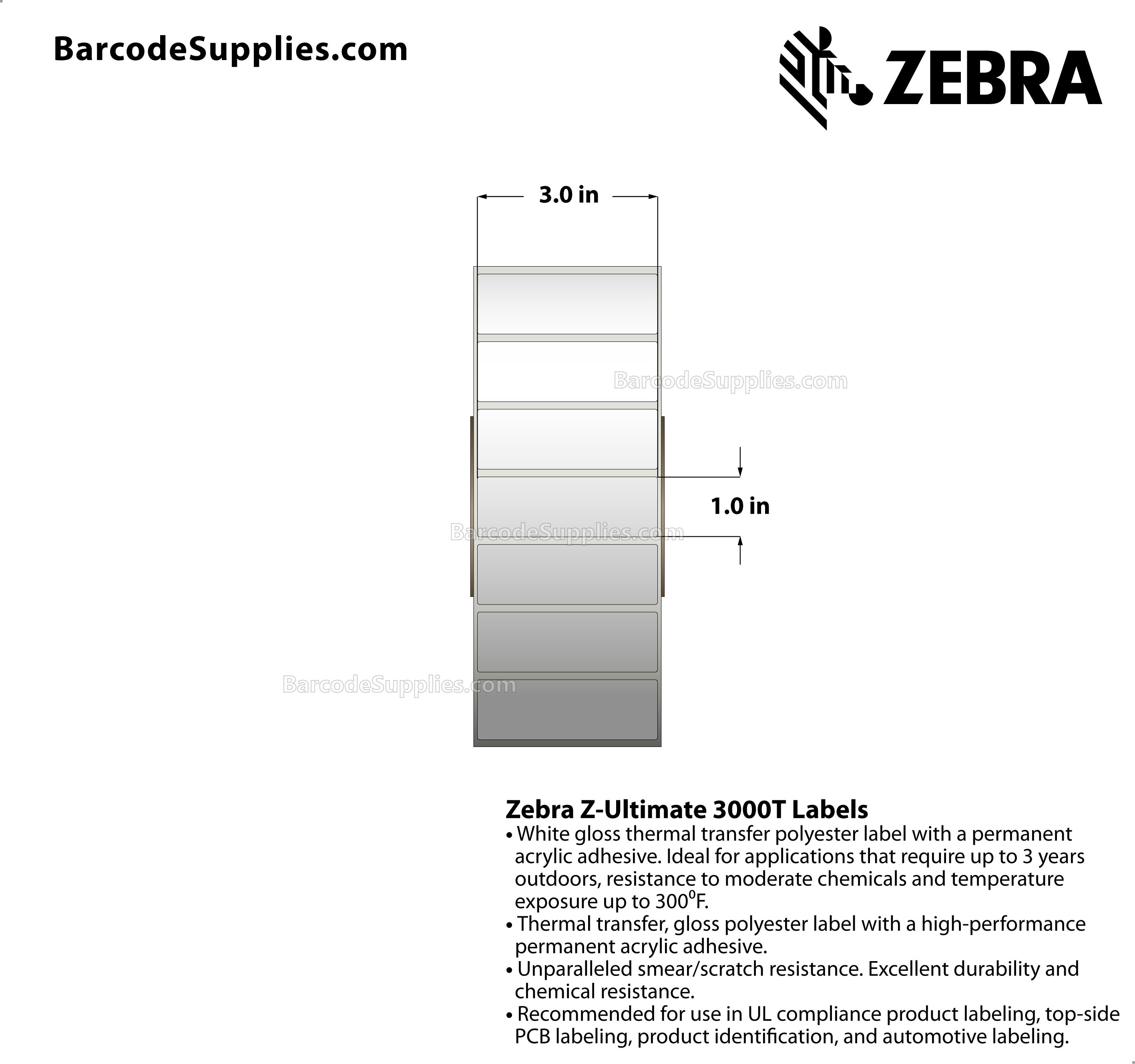 3 x 1 Thermal Transfer White Z-Ultimate 3000T Labels With Permanent Adhesive - Not Perforated - 5240 Labels Per Roll - Carton Of 4 Rolls - 20960 Labels Total - MPN: 10011702