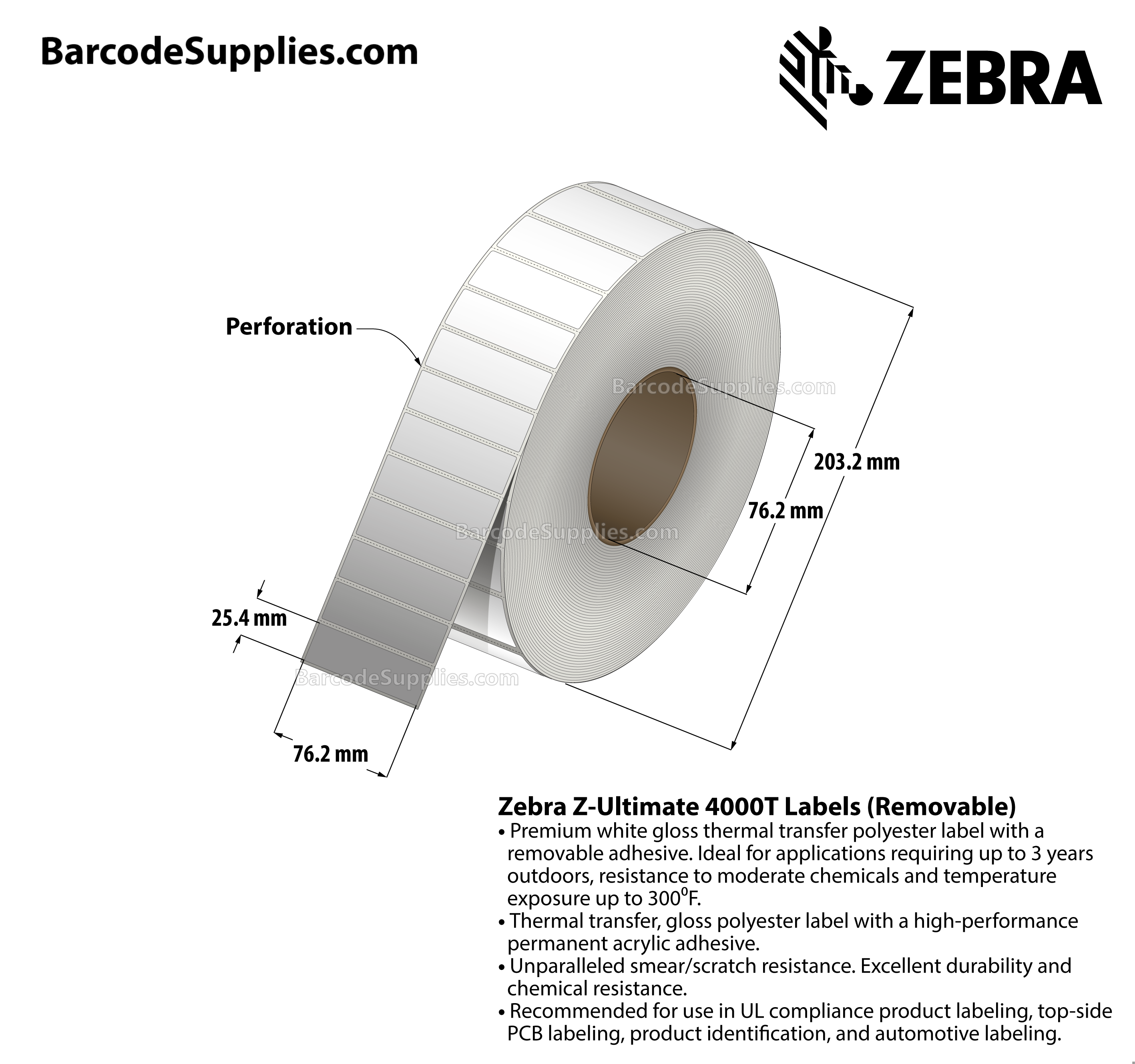 3 x 1 Thermal Transfer White Z-Ultimate 4000T Removable Labels With Removable Adhesive - Perforated - 3000 Labels Per Roll - Carton Of 1 Rolls - 3000 Labels Total - MPN: 10023150