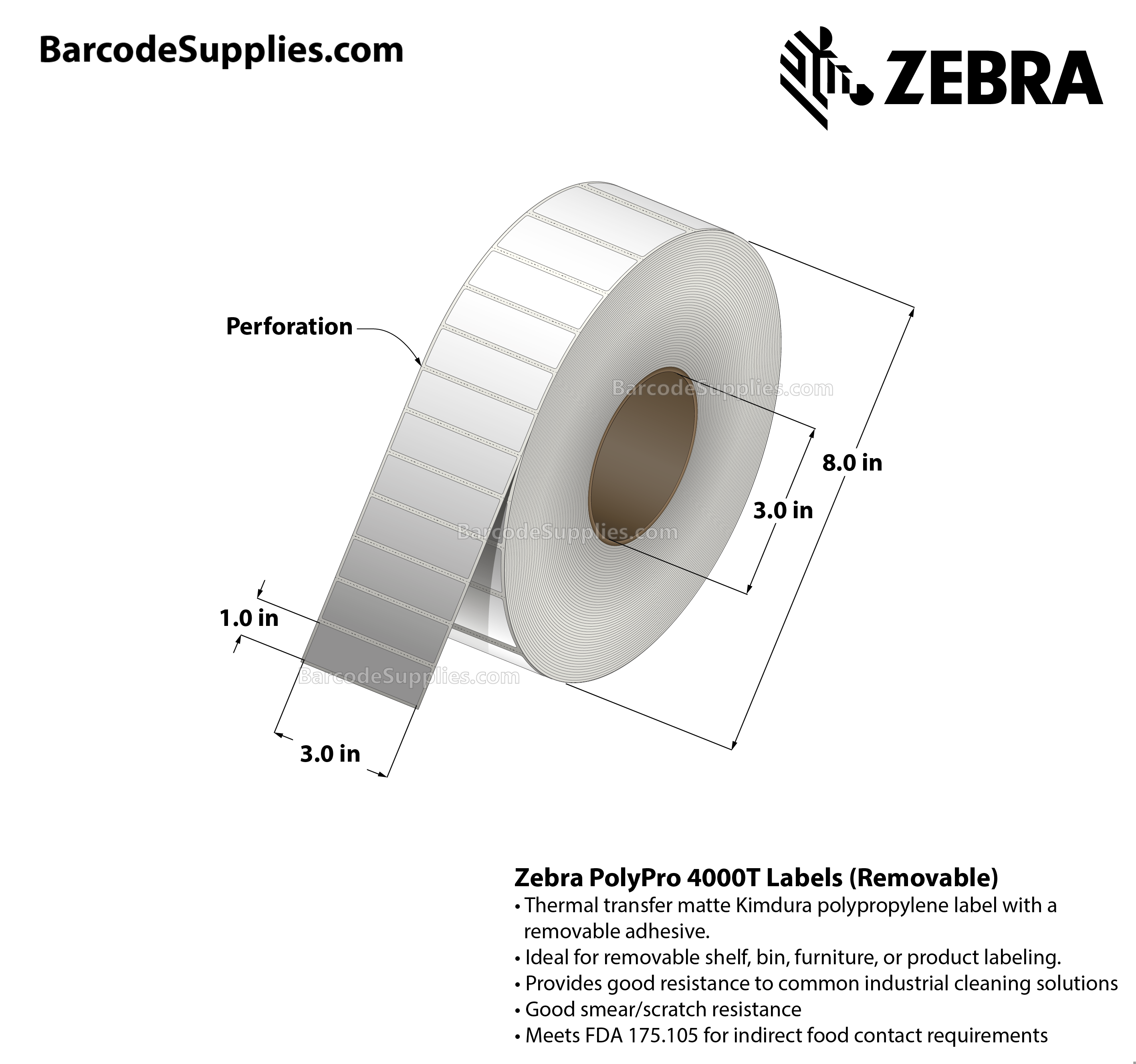 3 x 1 Thermal Transfer White PolyPro 4000T Removable Labels With Removable Adhesive - Perforated - 3000 Labels Per Roll - Carton Of 1 Rolls - 3000 Labels Total - MPN: 10022936