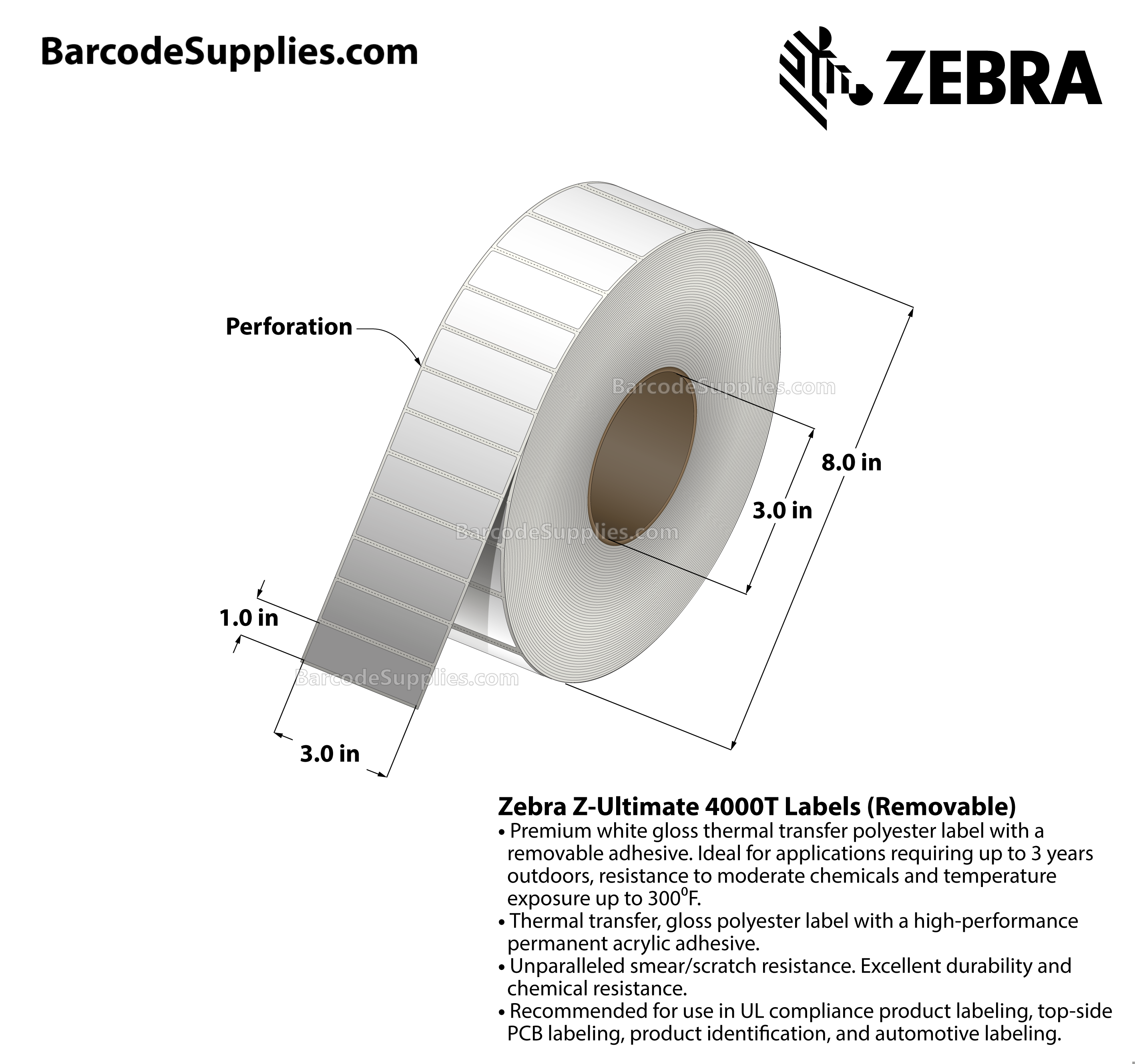 3 x 1 Thermal Transfer White Z-Ultimate 4000T Removable Labels With Removable Adhesive - Perforated - 3000 Labels Per Roll - Carton Of 1 Rolls - 3000 Labels Total - MPN: 10023150