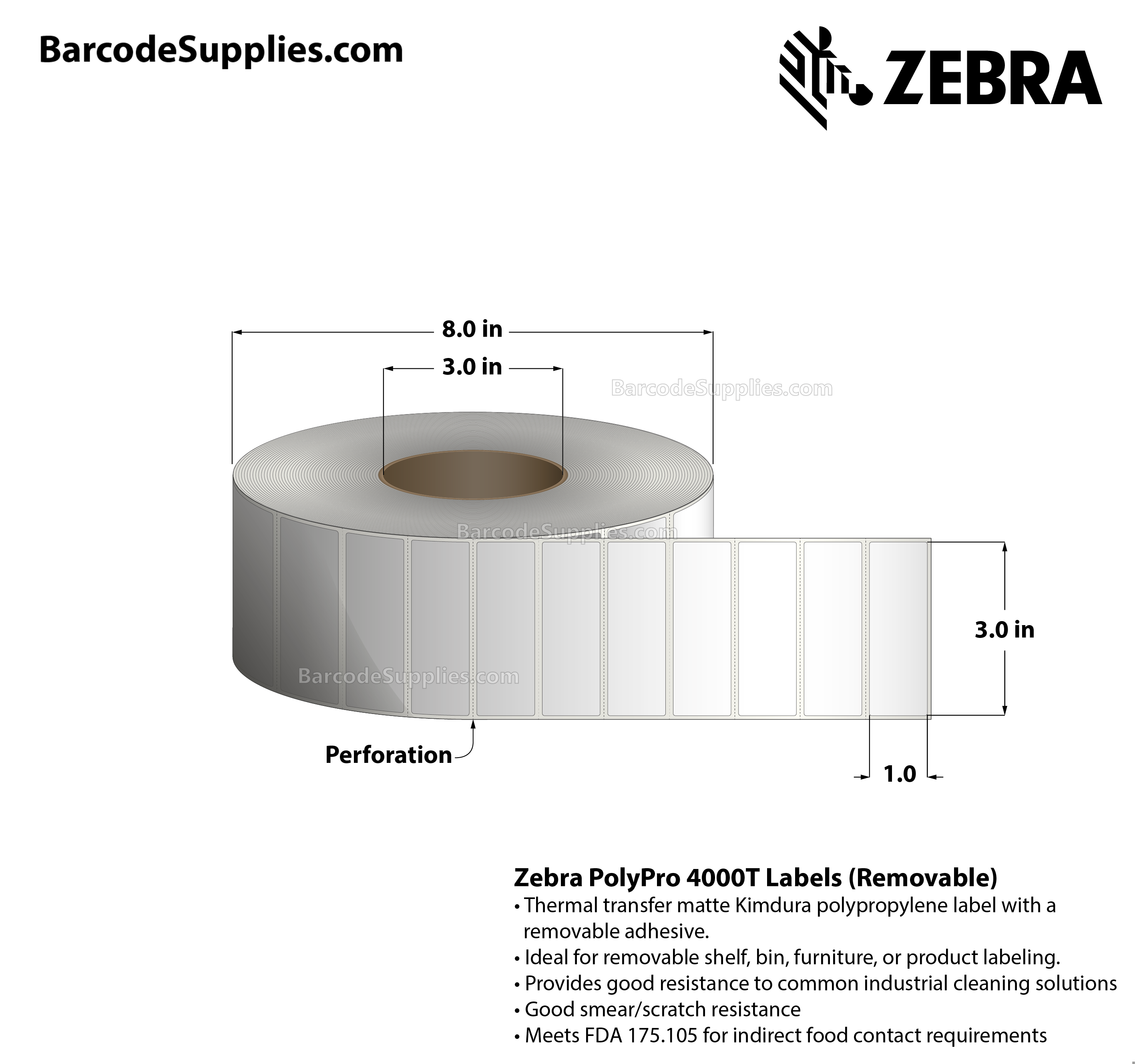 3 x 1 Thermal Transfer White PolyPro 4000T Removable Labels With Removable Adhesive - Perforated - 3000 Labels Per Roll - Carton Of 1 Rolls - 3000 Labels Total - MPN: 10022936