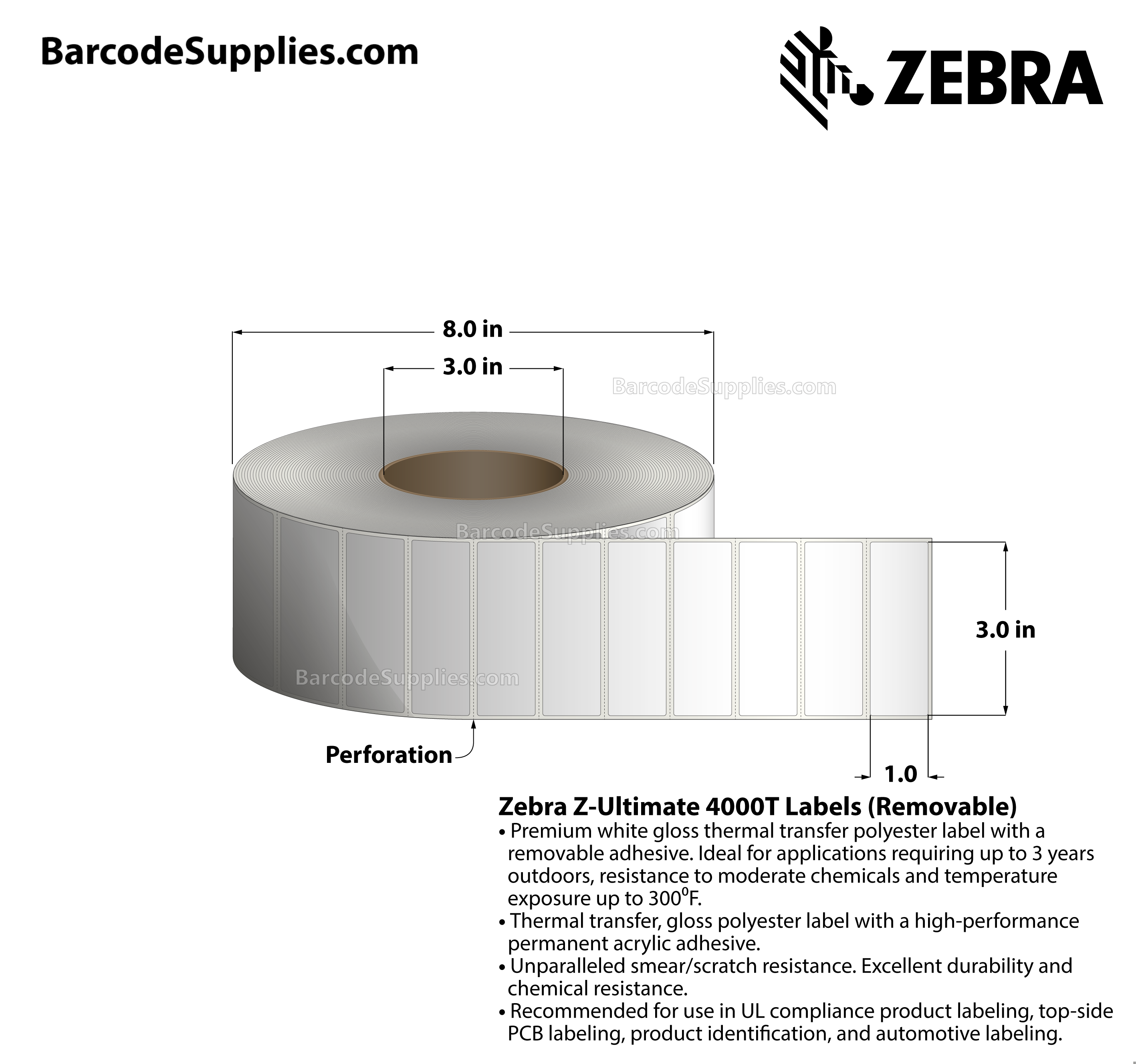 3 x 1 Thermal Transfer White Z-Ultimate 4000T Removable Labels With Removable Adhesive - Perforated - 3000 Labels Per Roll - Carton Of 1 Rolls - 3000 Labels Total - MPN: 10023150