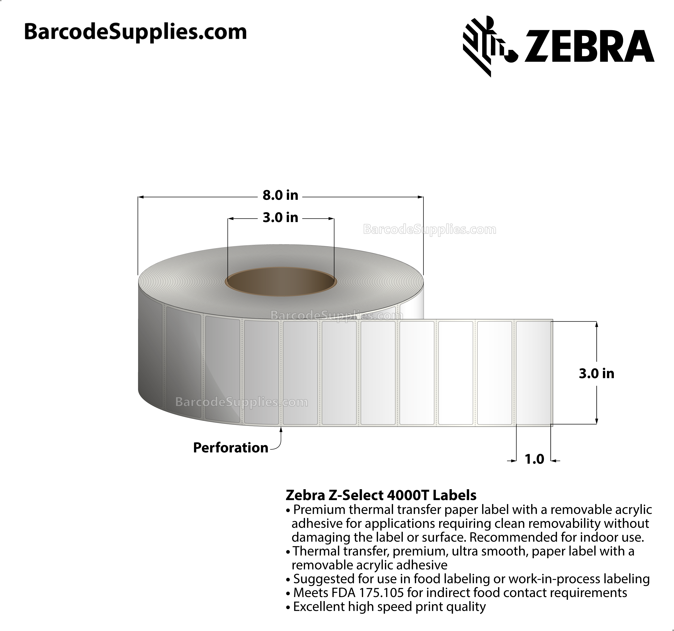 3 x 1 Thermal Transfer White Z-Select 4000T Removable Labels With Removable Adhesive - Perforated - 3000 Labels Per Roll - Carton Of 4 Rolls - 12000 Labels Total - MPN: 10022945