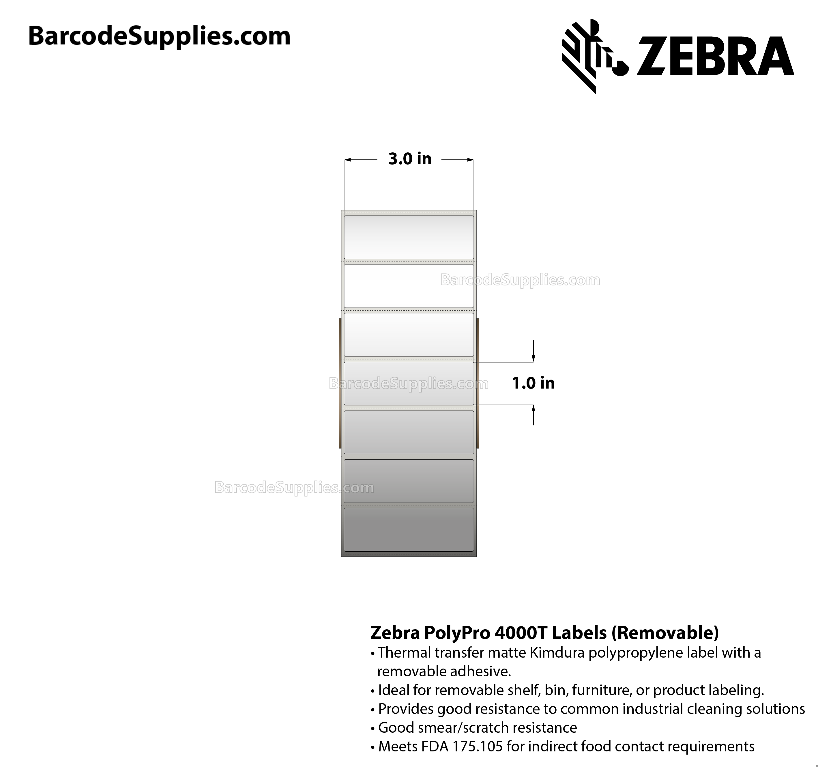 3 x 1 Thermal Transfer White PolyPro 4000T Removable Labels With Removable Adhesive - Perforated - 3000 Labels Per Roll - Carton Of 1 Rolls - 3000 Labels Total - MPN: 10022936