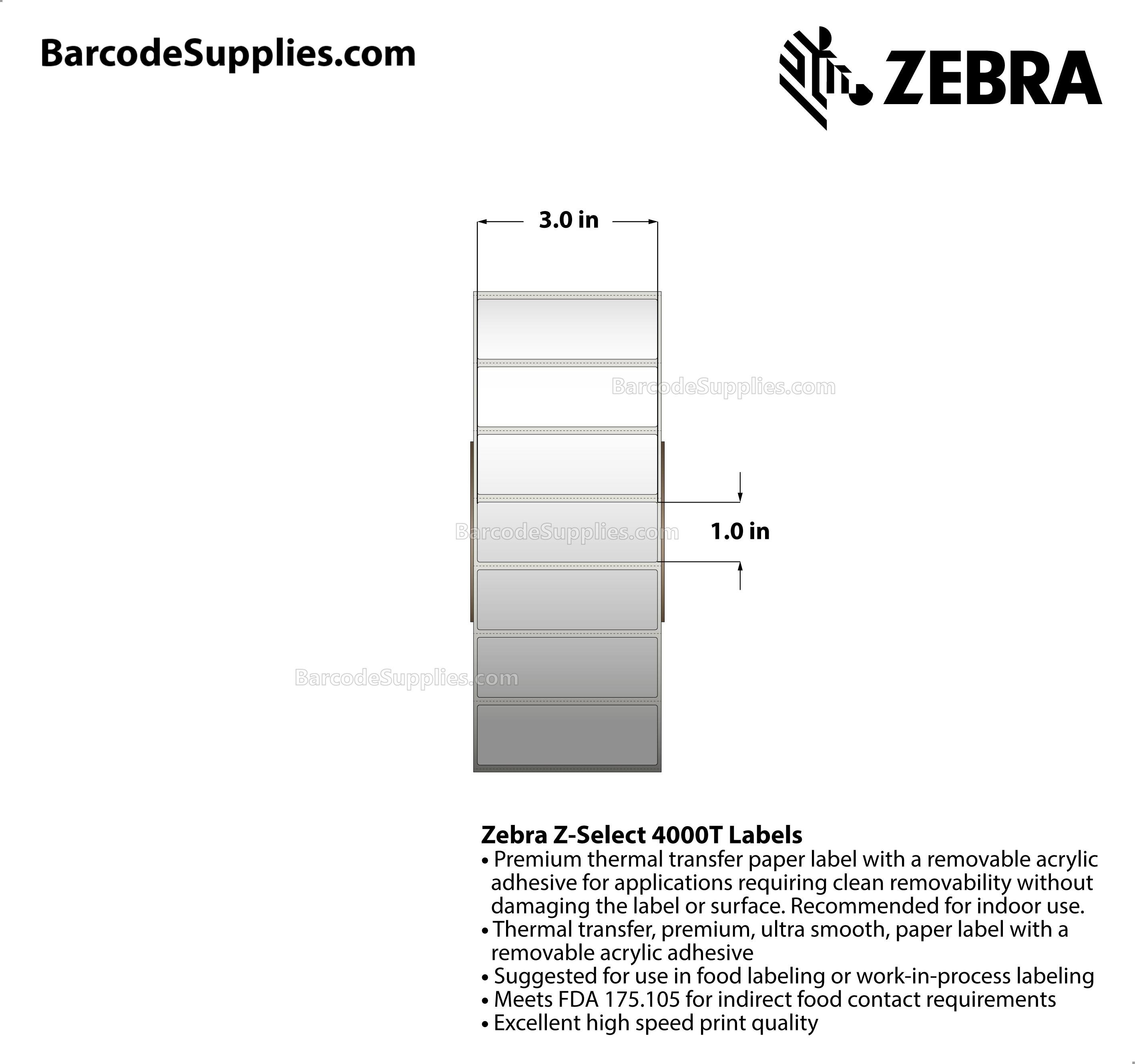 3 x 1 Thermal Transfer White Z-Select 4000T Removable Labels With Removable Adhesive - Perforated - 3000 Labels Per Roll - Carton Of 4 Rolls - 12000 Labels Total - MPN: 10022945